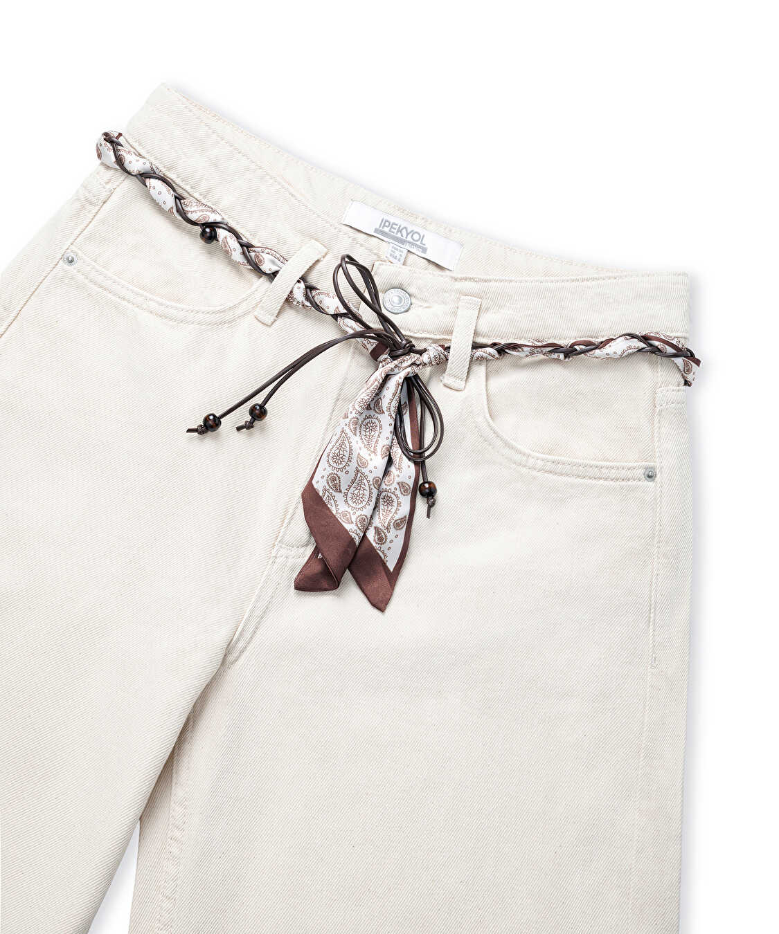 Kuşaklı wide leg jean pantolon - IS1260018084003 - Natürel Jean Pantolon