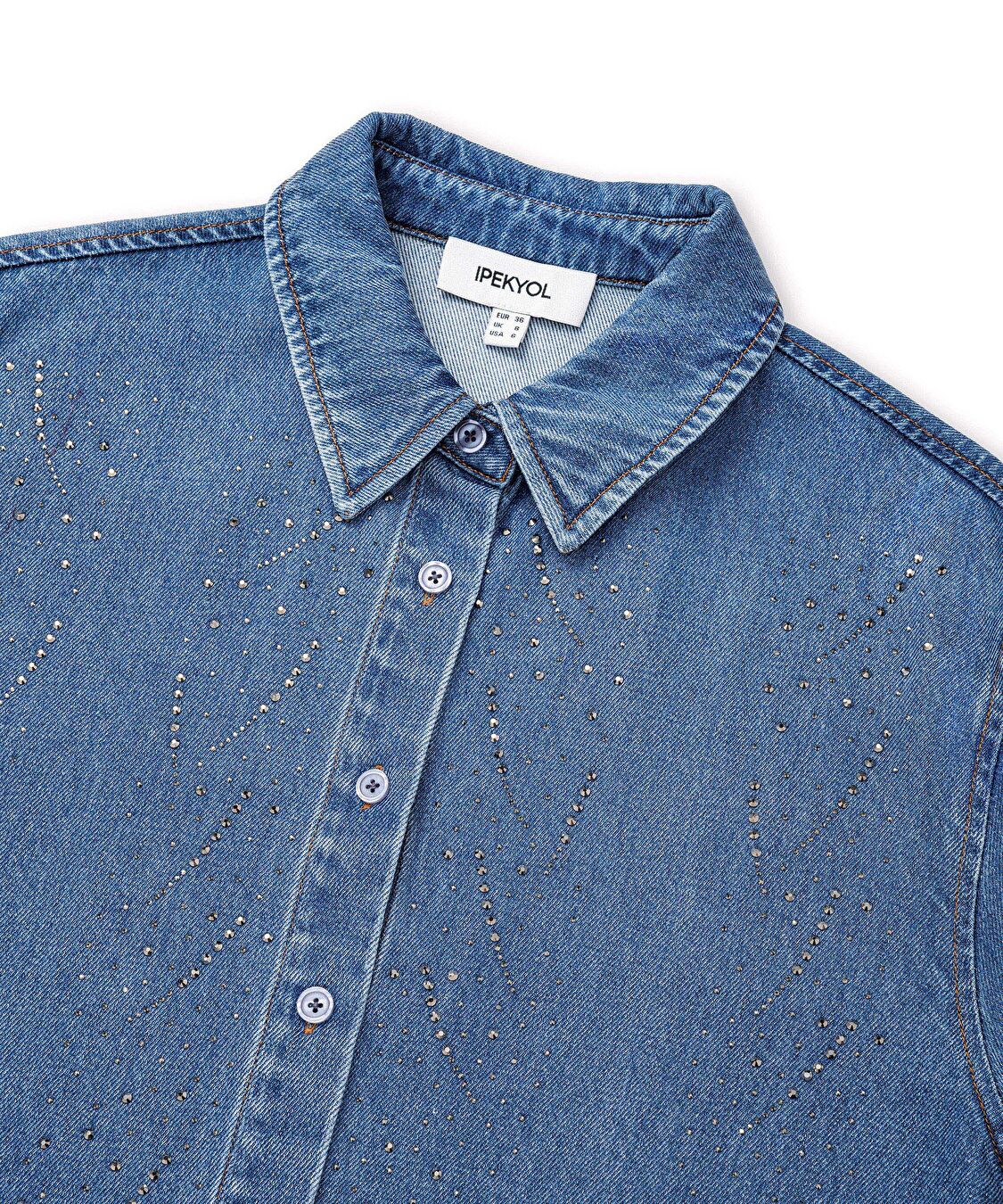 Hotfix baskılı denim gömlek - IS1260025256629 - İndigo Gömlek