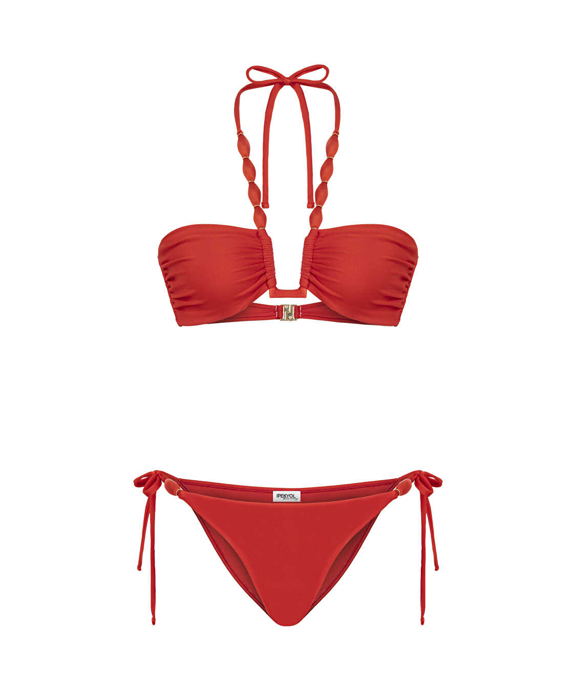 Karma aksesuarlı büzgülü bikini seti - IS1260038018034 - Kırmızı Bikini