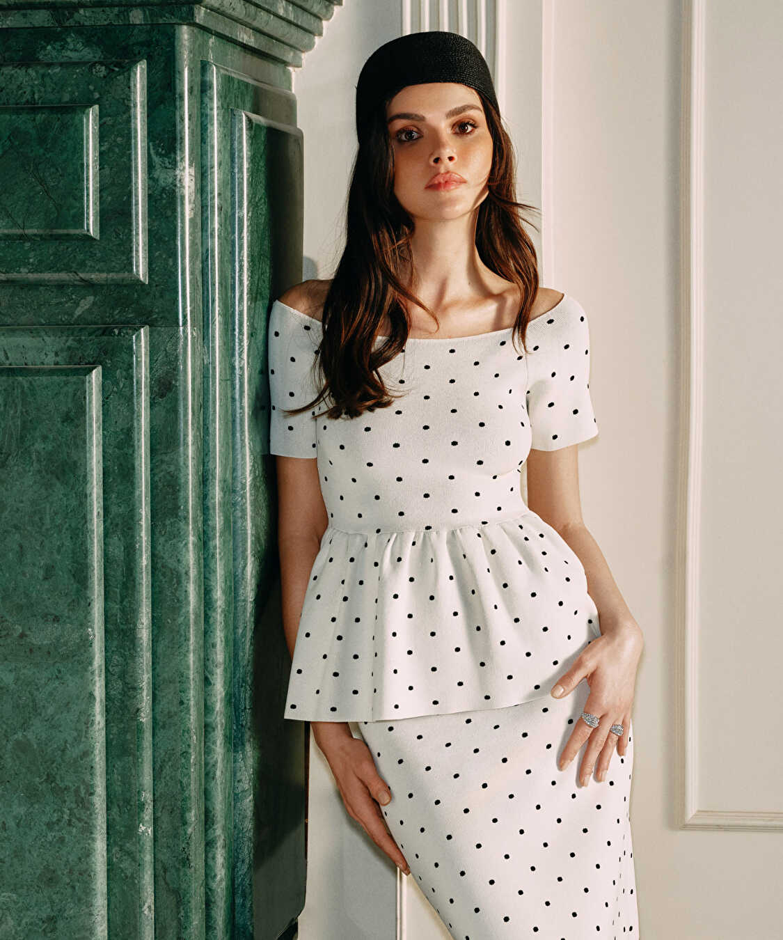 Puantiye desen peplum triko - IS1260050031018 - Ekru Triko