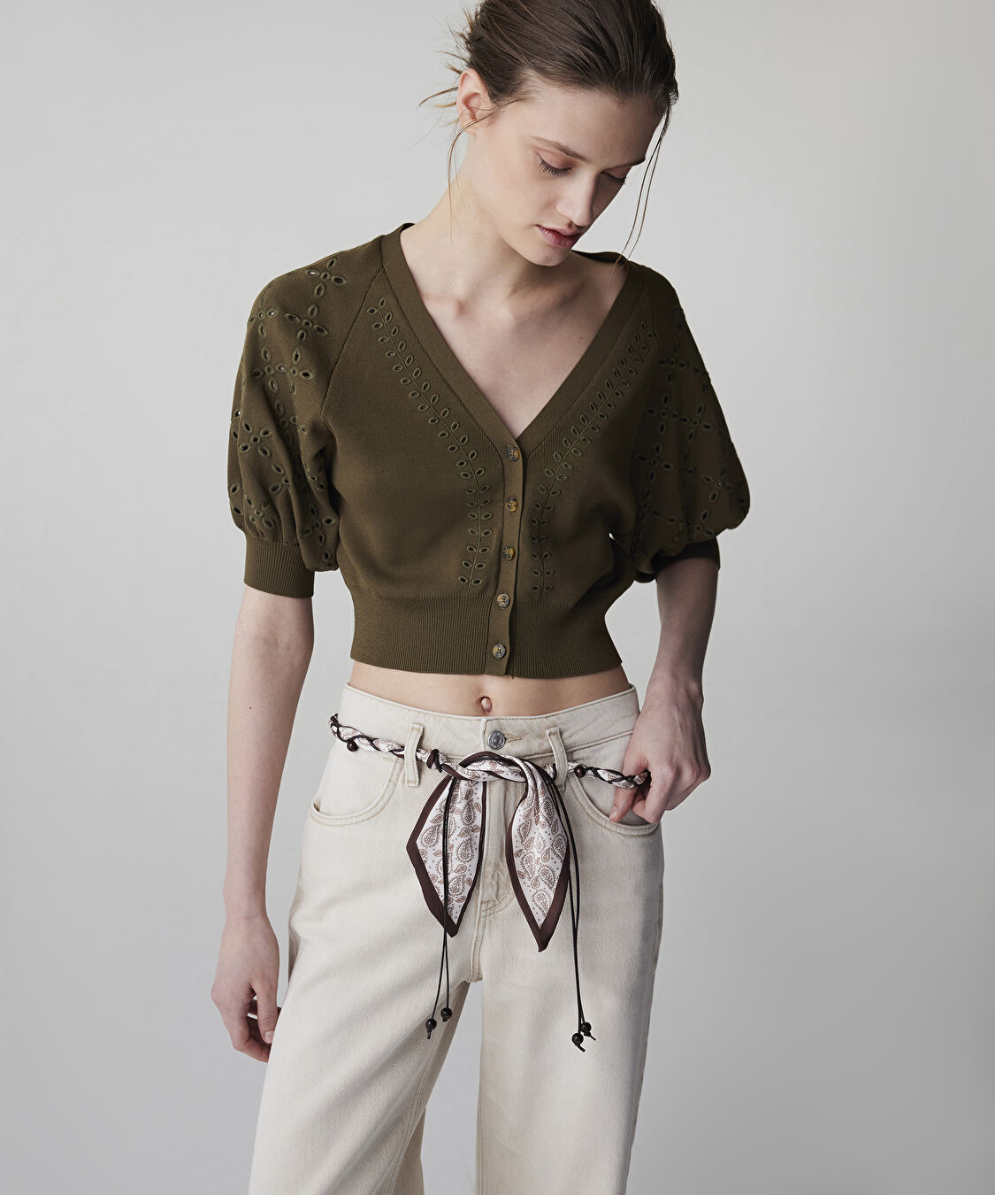 Haki Fistolu crop triko hırka IS1260050057177 | İpekyol