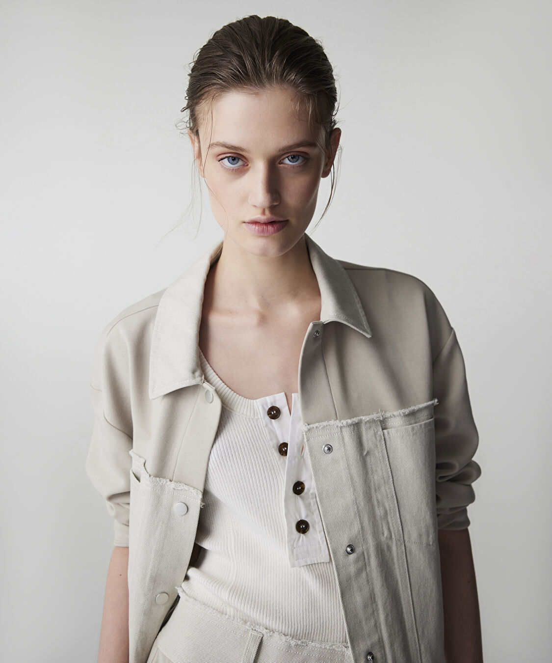 Kumaş mix raw edge sweatshirt  - IS1260091009023 - Bej Sweatshırt