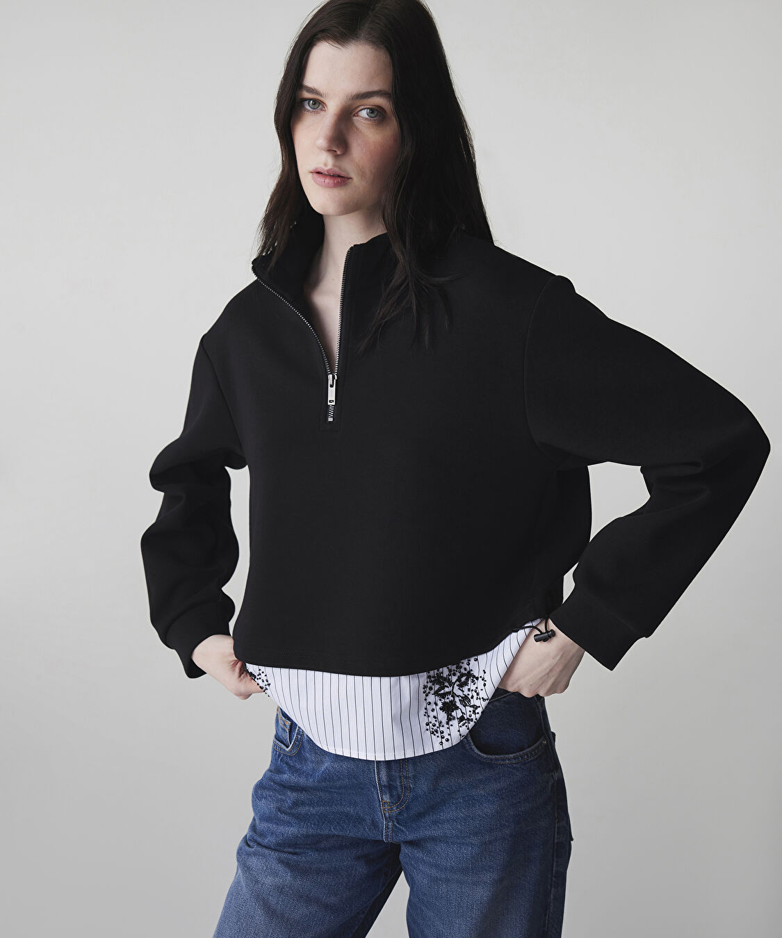 Çift parça görünüm sweatshirt - IS1260091014001 - Siyah Sweatshırt
