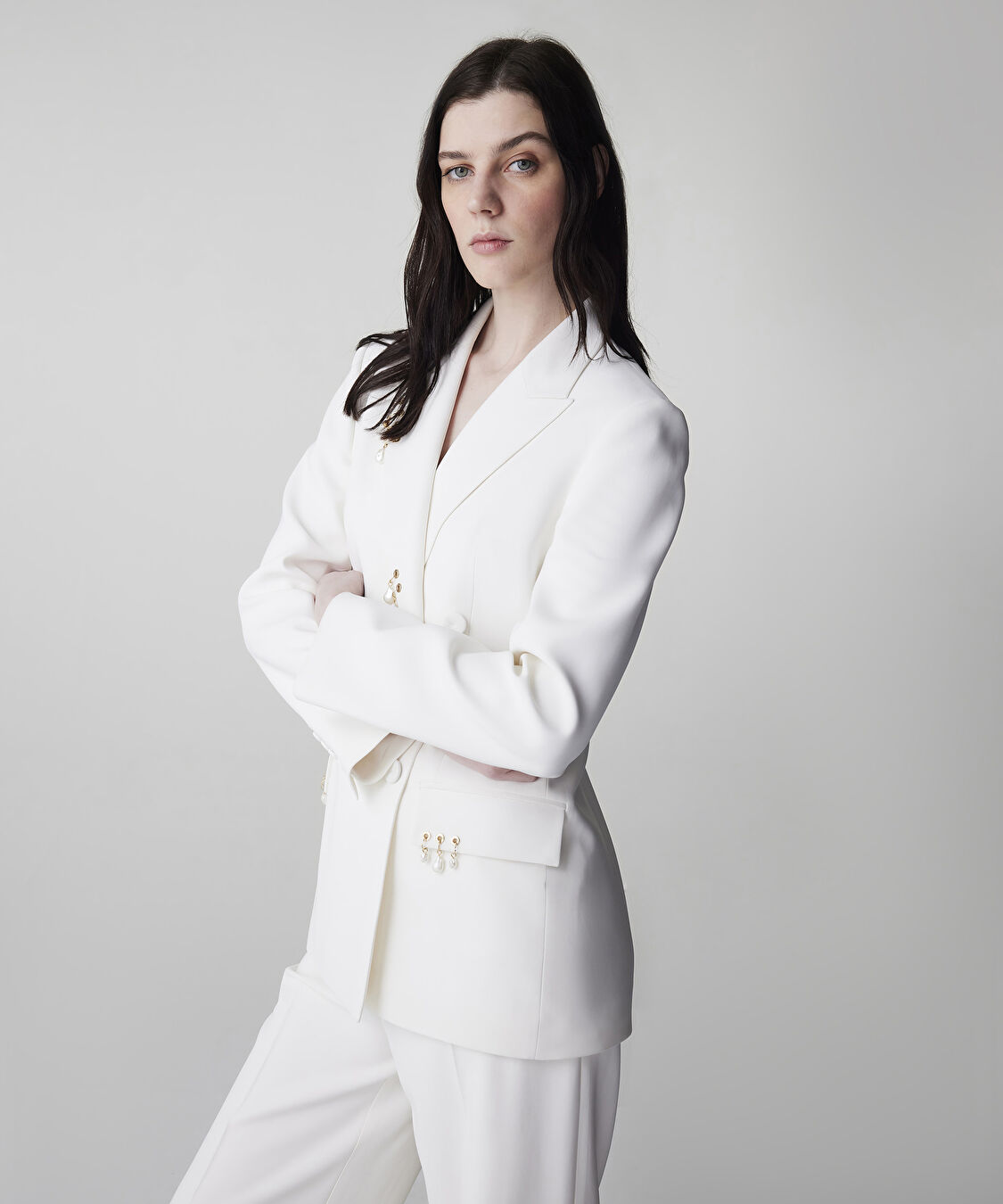 Karma aksesuarlı kruvaze blazer - IS1260106016018 - Ekru Blazer