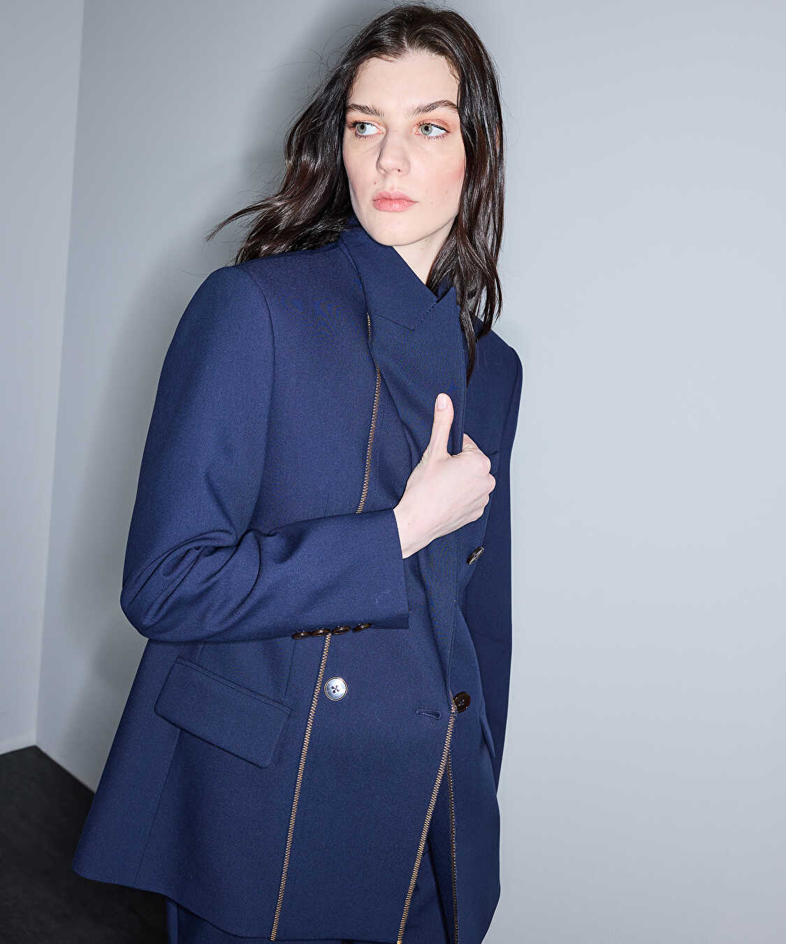 Kontrast dikişli kruvaze blazer - IS1260106018015 - Lacivert Blazer