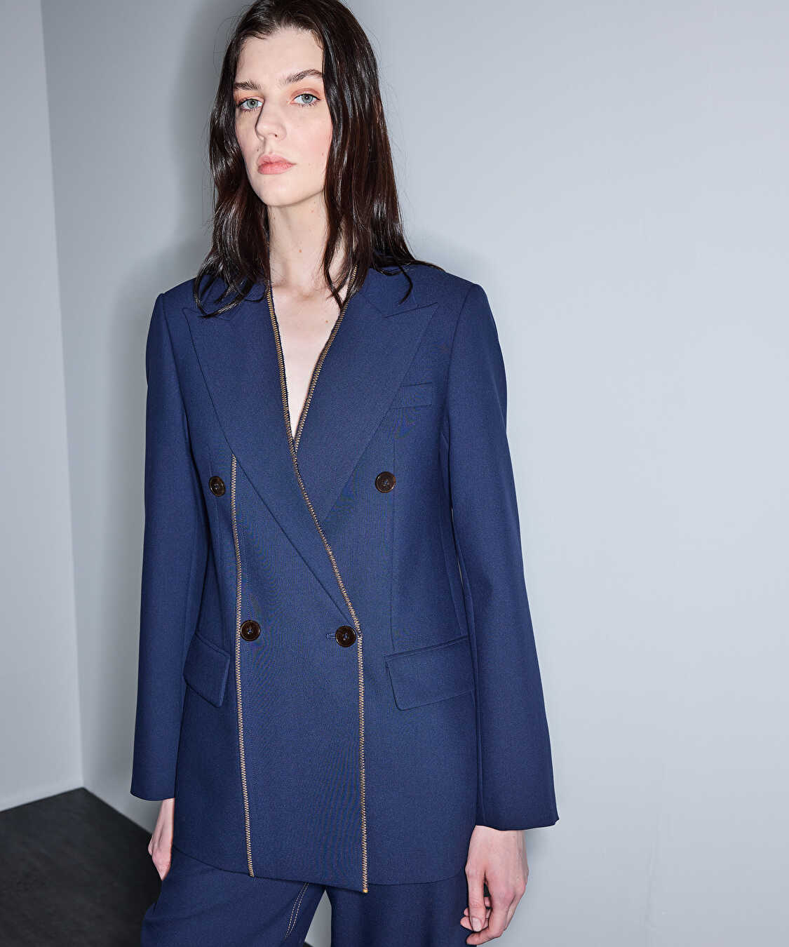 Kontrast dikişli kruvaze blazer - IS1260106018015 - Lacivert Blazer