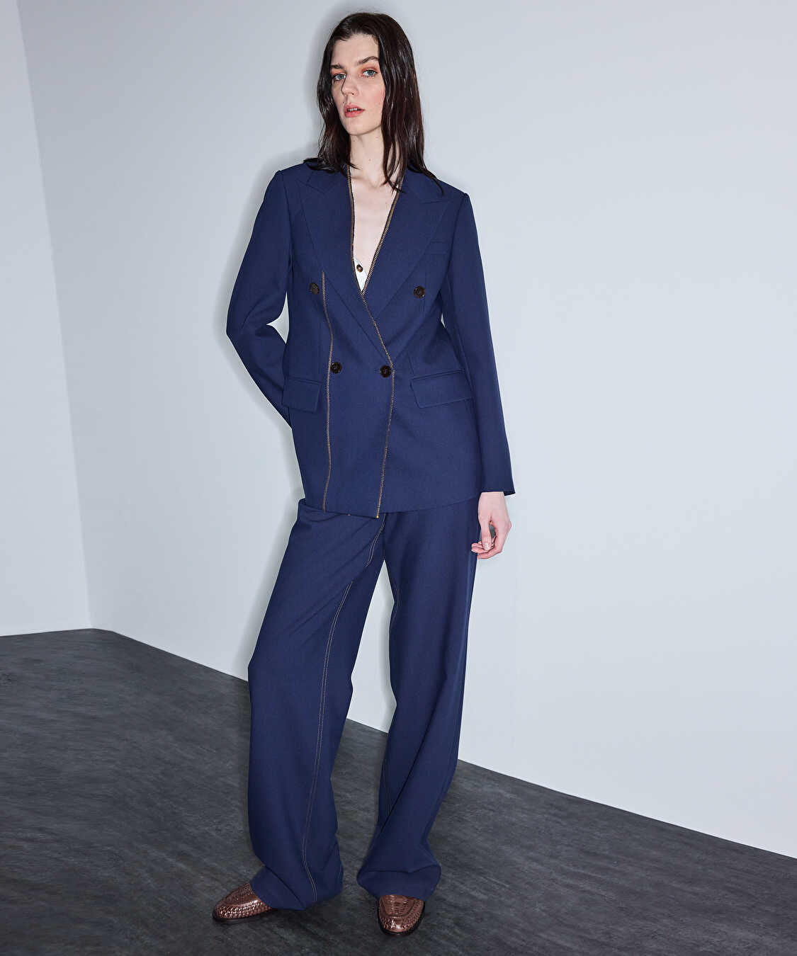 Kontrast dikişli kruvaze blazer - IS1260106018015 - Lacivert Blazer
