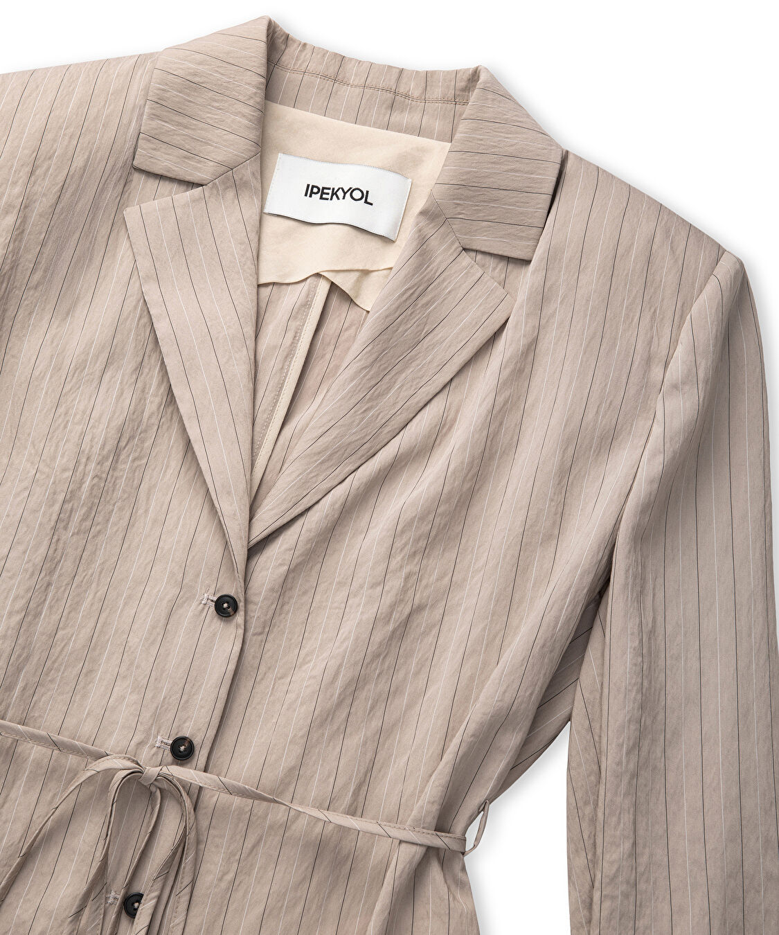 Çizgi jakarlı kuşaklı blazer - IS1260106024003 - Natürel Blazer