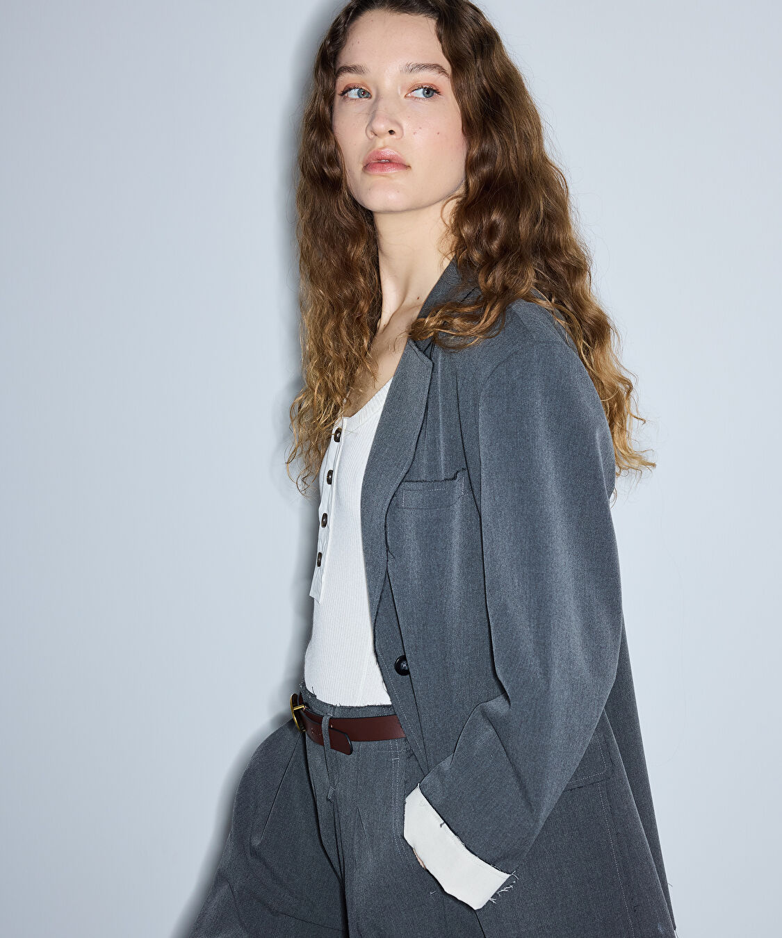 Vatkalı raw edge blazer  - IS1260106038005 - Gri Blazer