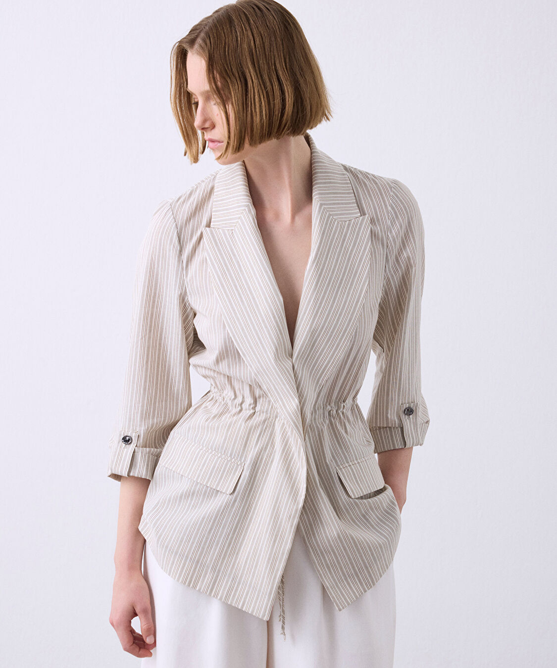 Çizgi desen blazer - IS1260106074003 - Natürel Blazer