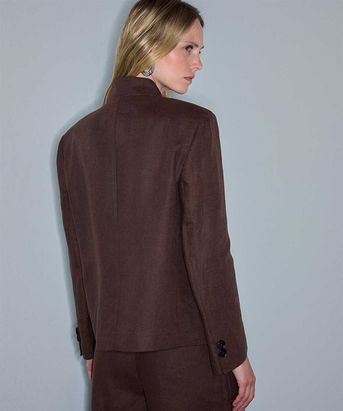 Yüksek yaka keten blazer - IS1260106075074 - Kahverengi Blazer