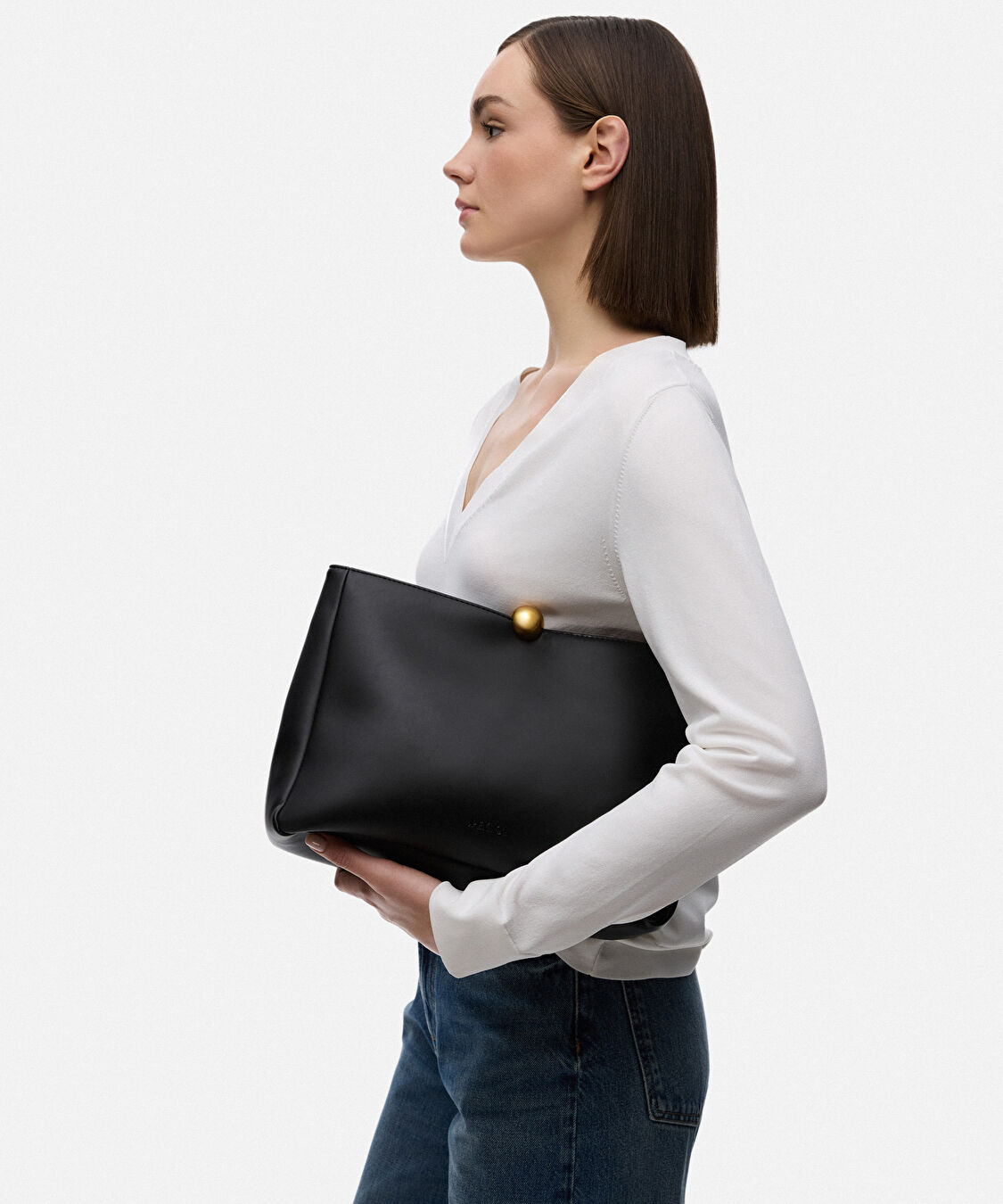Metal tokalı deri görünümlü clutch - IS1260121003001 - Siyah Clutch