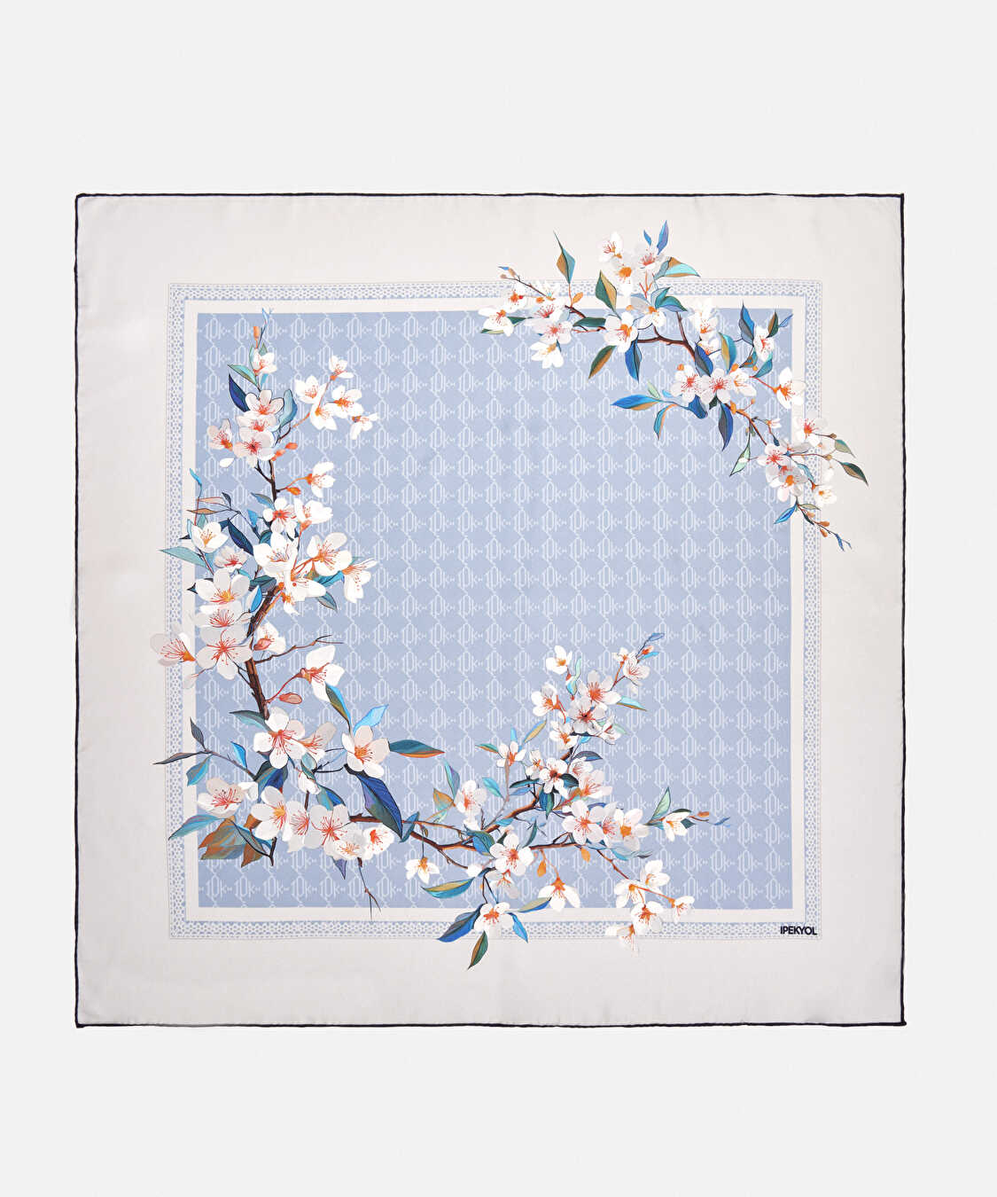 Çiçek ve monogram baskılı ipek eşarp - I00000082036028 - Açık Mavi Eşarp