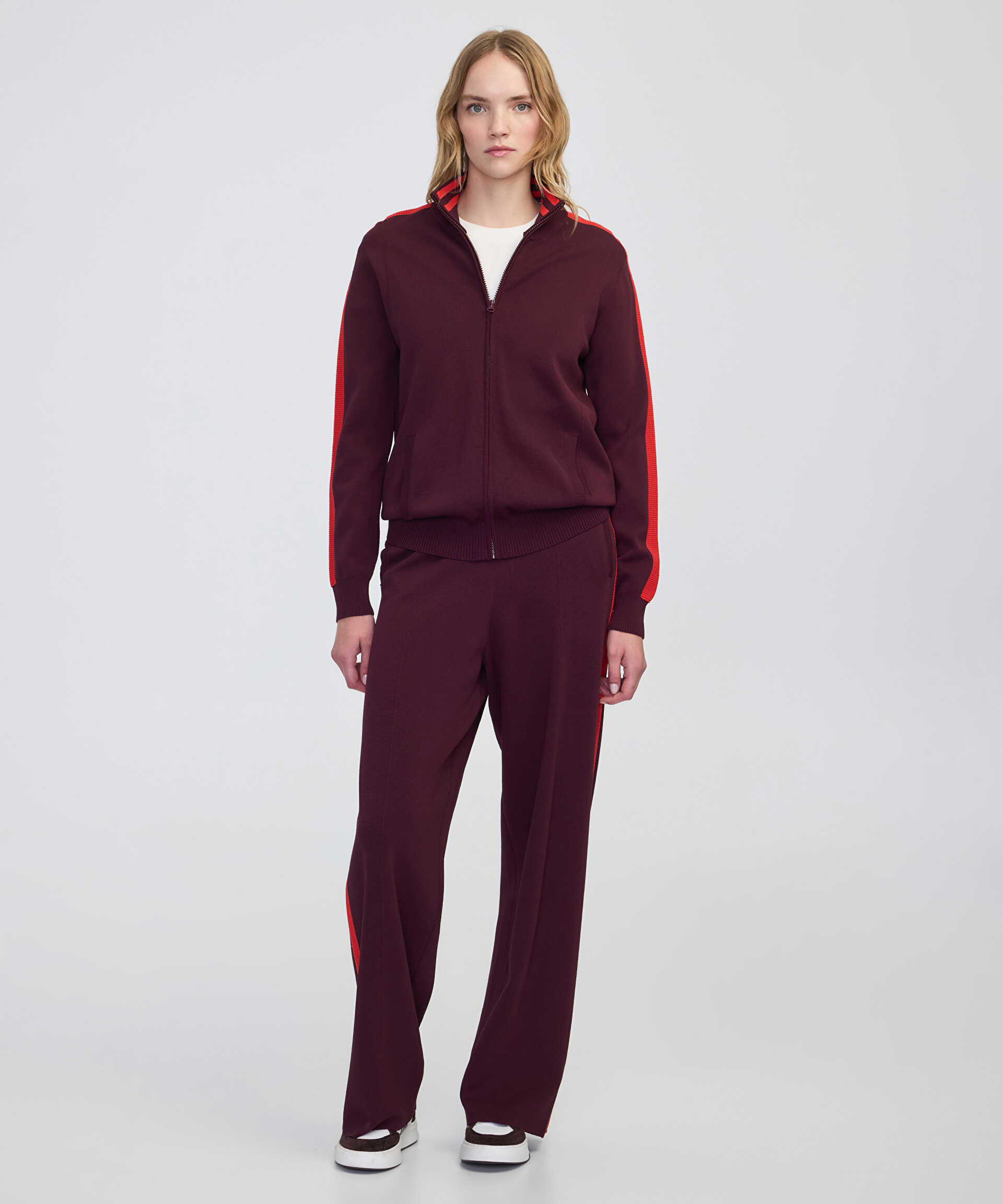 İpekyol Bordo Colorblock wide leg fit pantolon