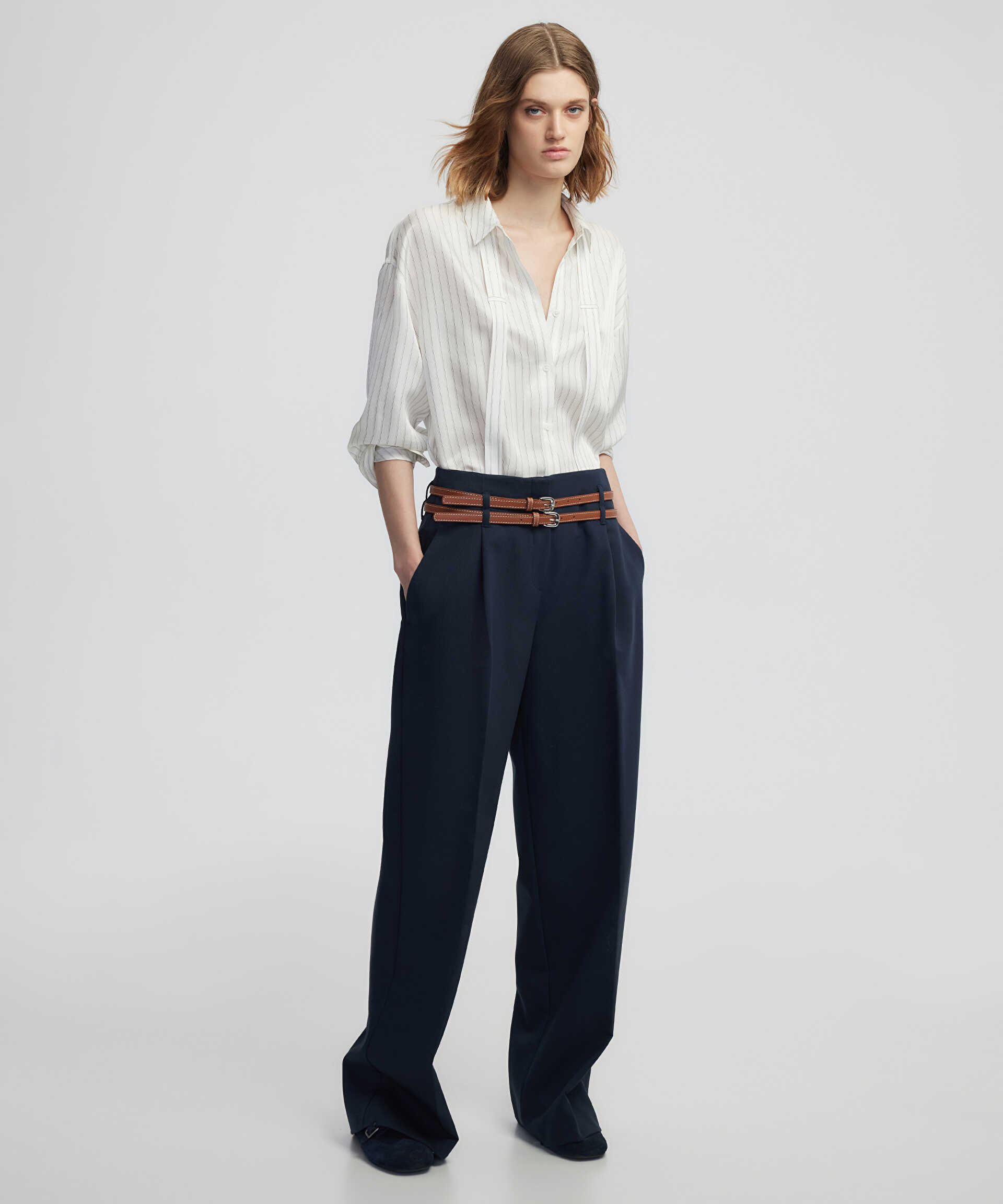 İpekyol Lacivert Kemerli wide leg fit pantolon