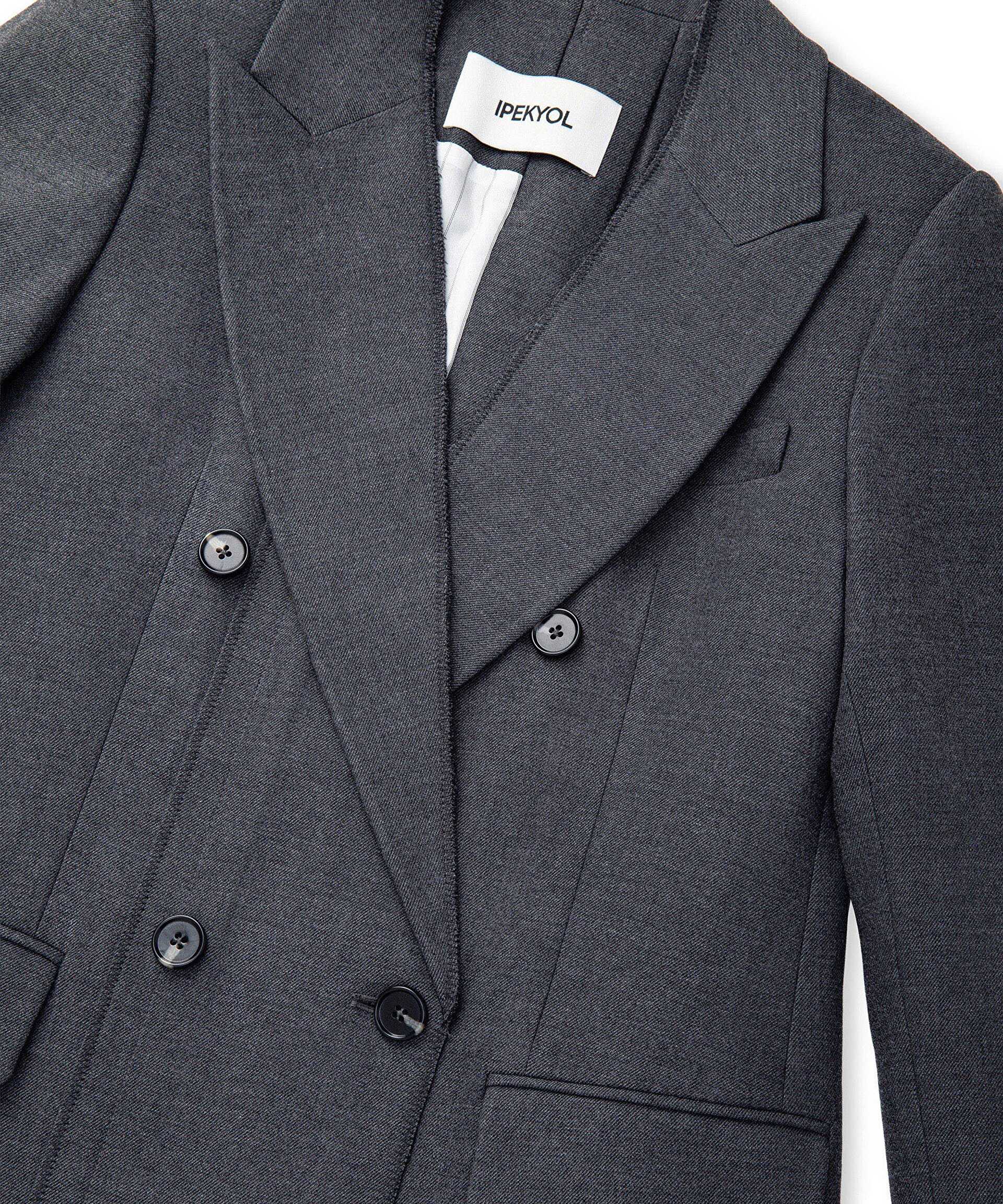 İpekyol Antrasit Triko şeritli raw edge blazer görsel 7