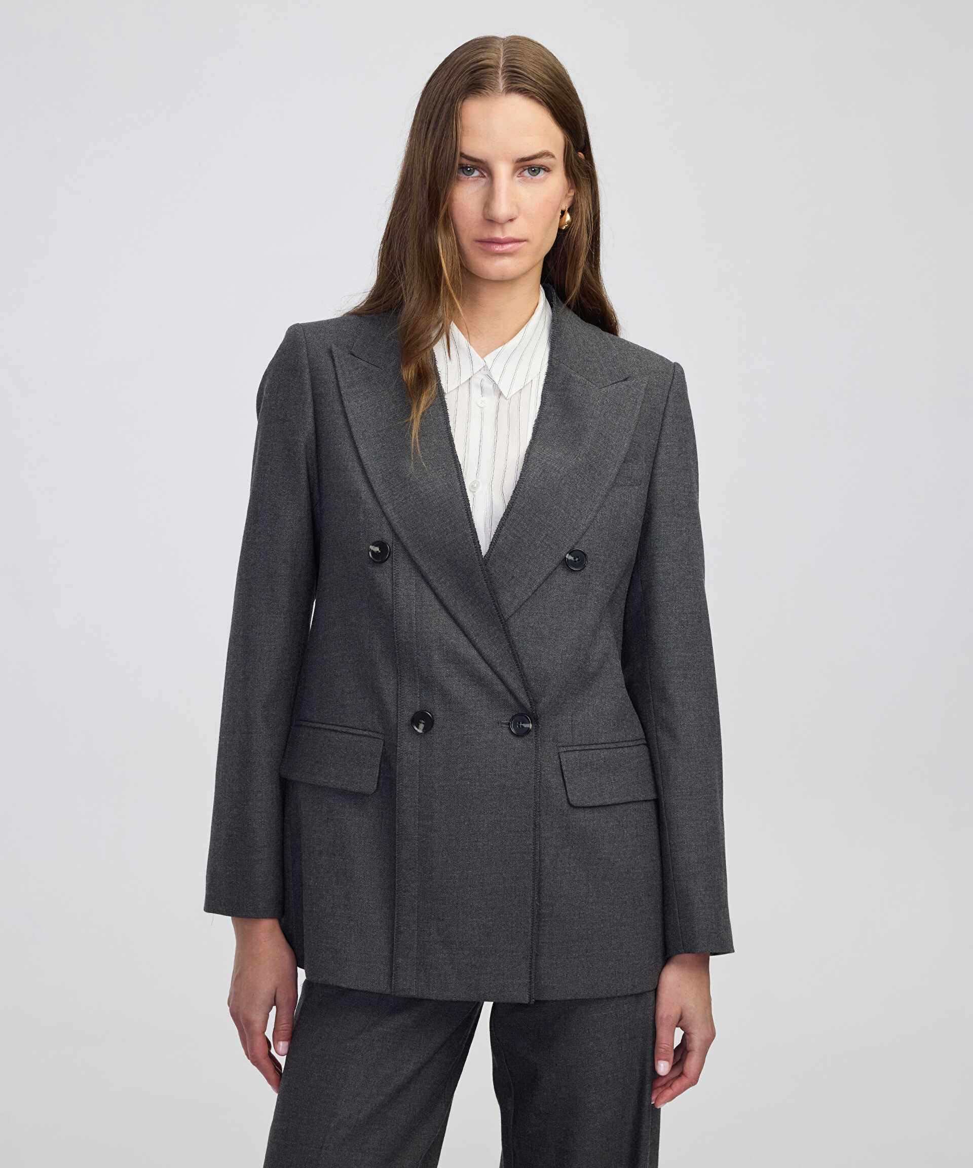 İpekyol Antrasit Triko şeritli raw edge blazer görsel 3