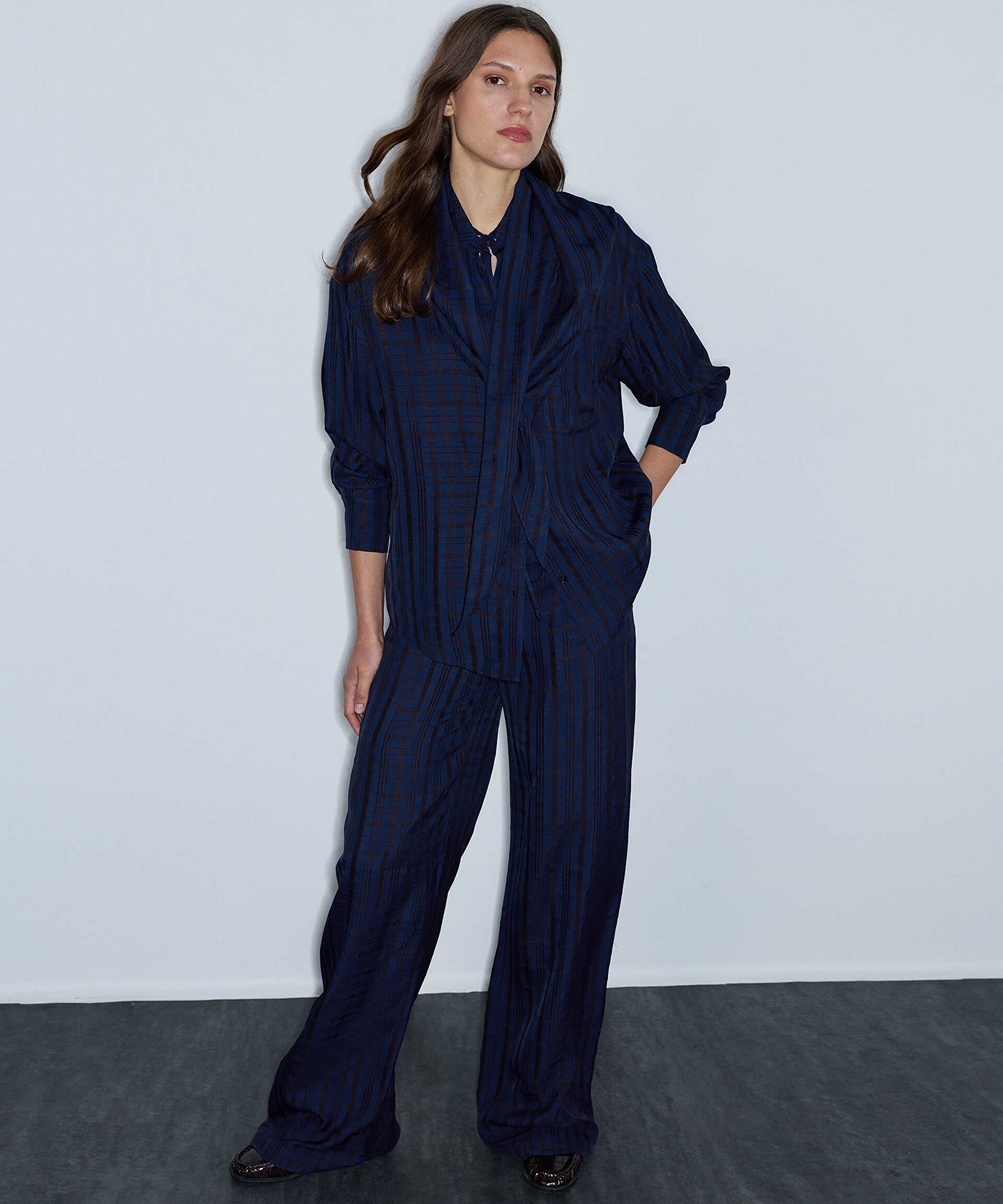 İpekyol Lacivert Ekose desen wide leg pantolon