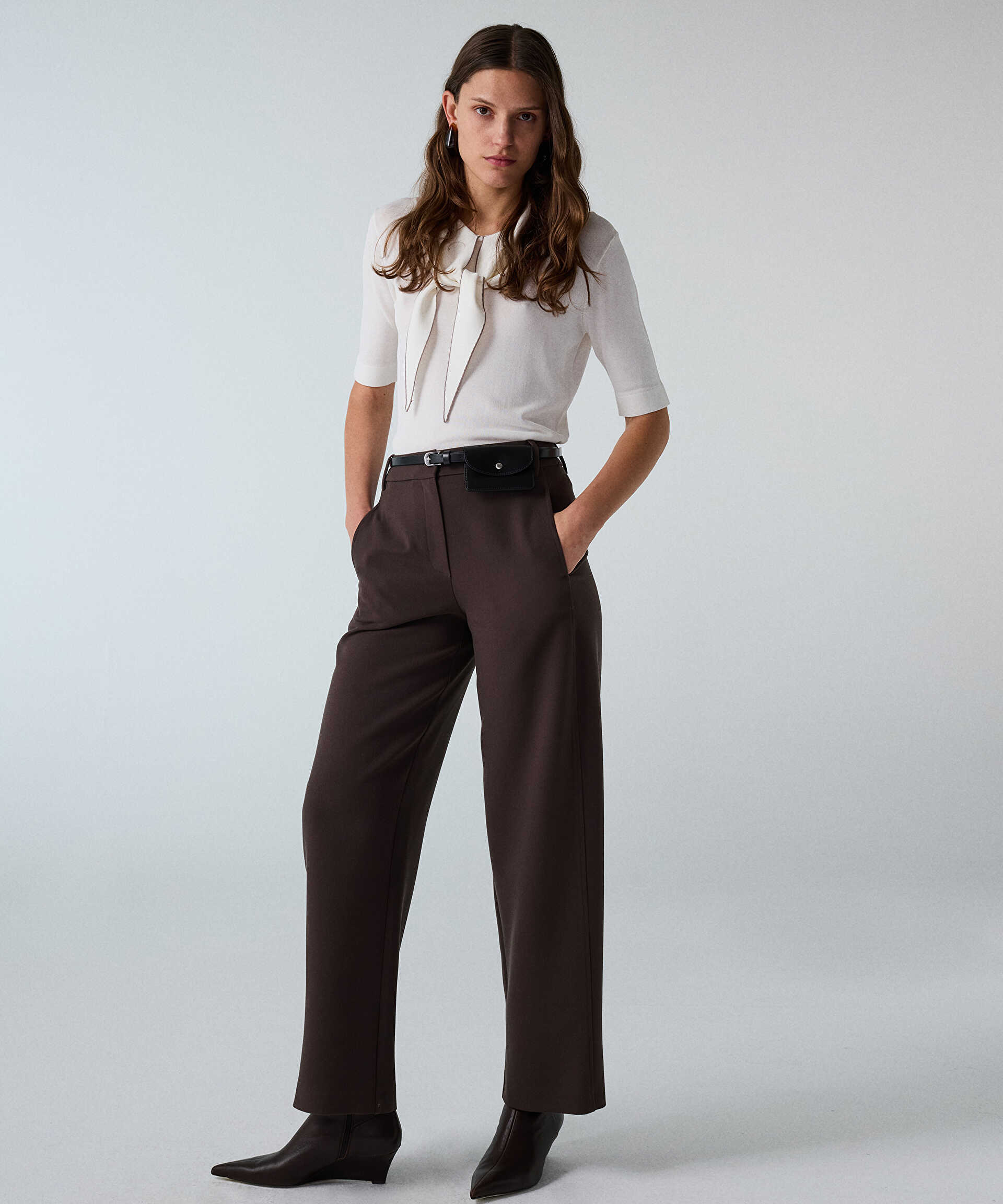 İpekyol Kahverengi Kemerli barrel fit pantolon