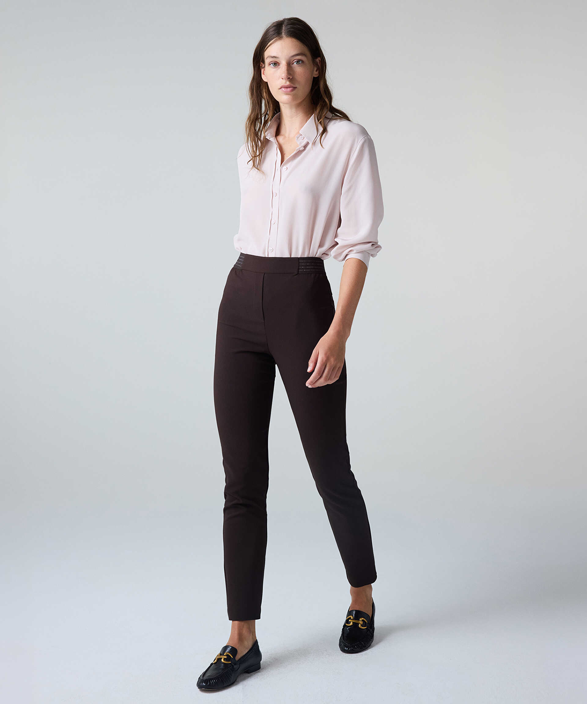 İpekyol Kahverengi Lurex bel skinny fit pantolon