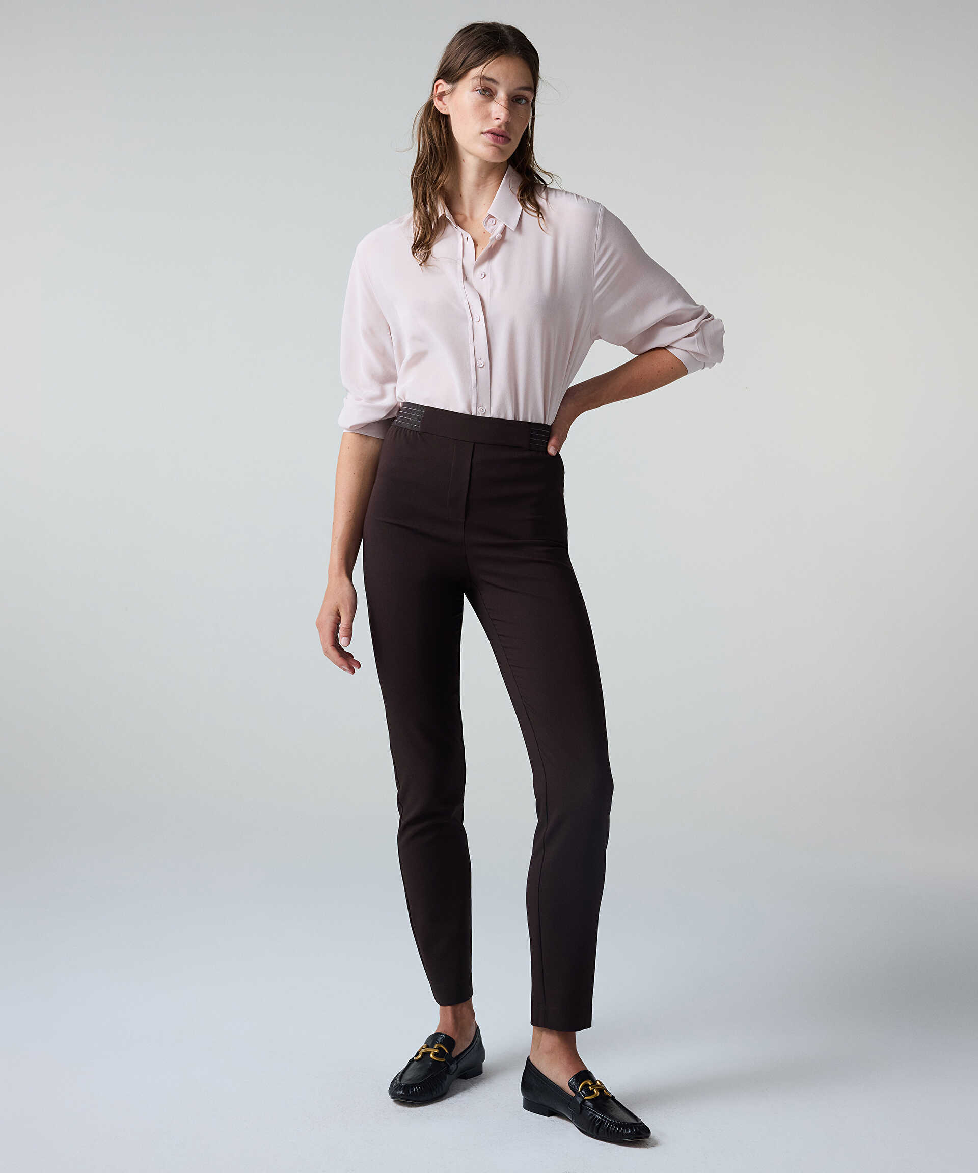 İpekyol Kahverengi Lurex bel skinny fit pantolon görsel 2