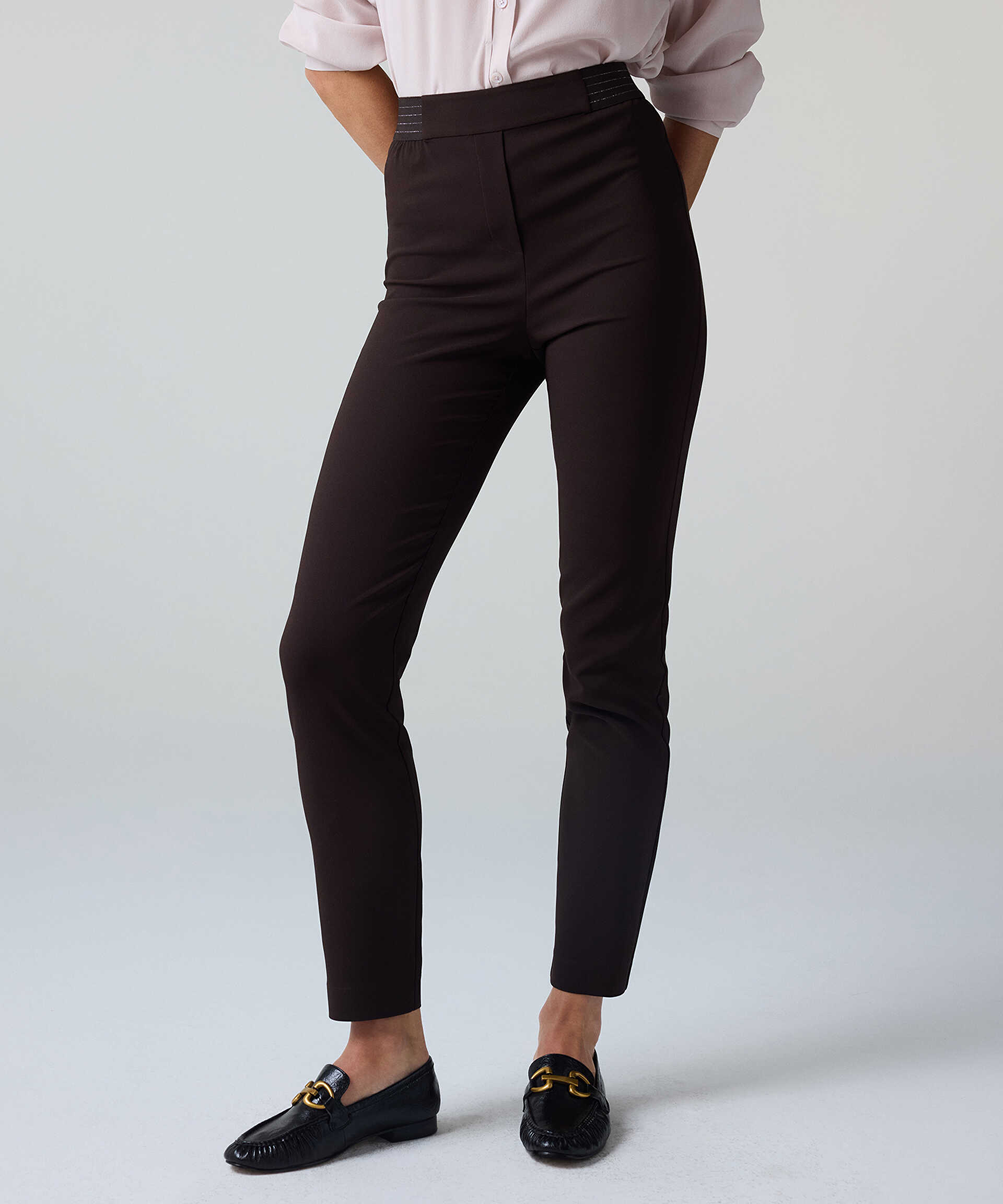 İpekyol Kahverengi Lurex bel skinny fit pantolon görsel 3