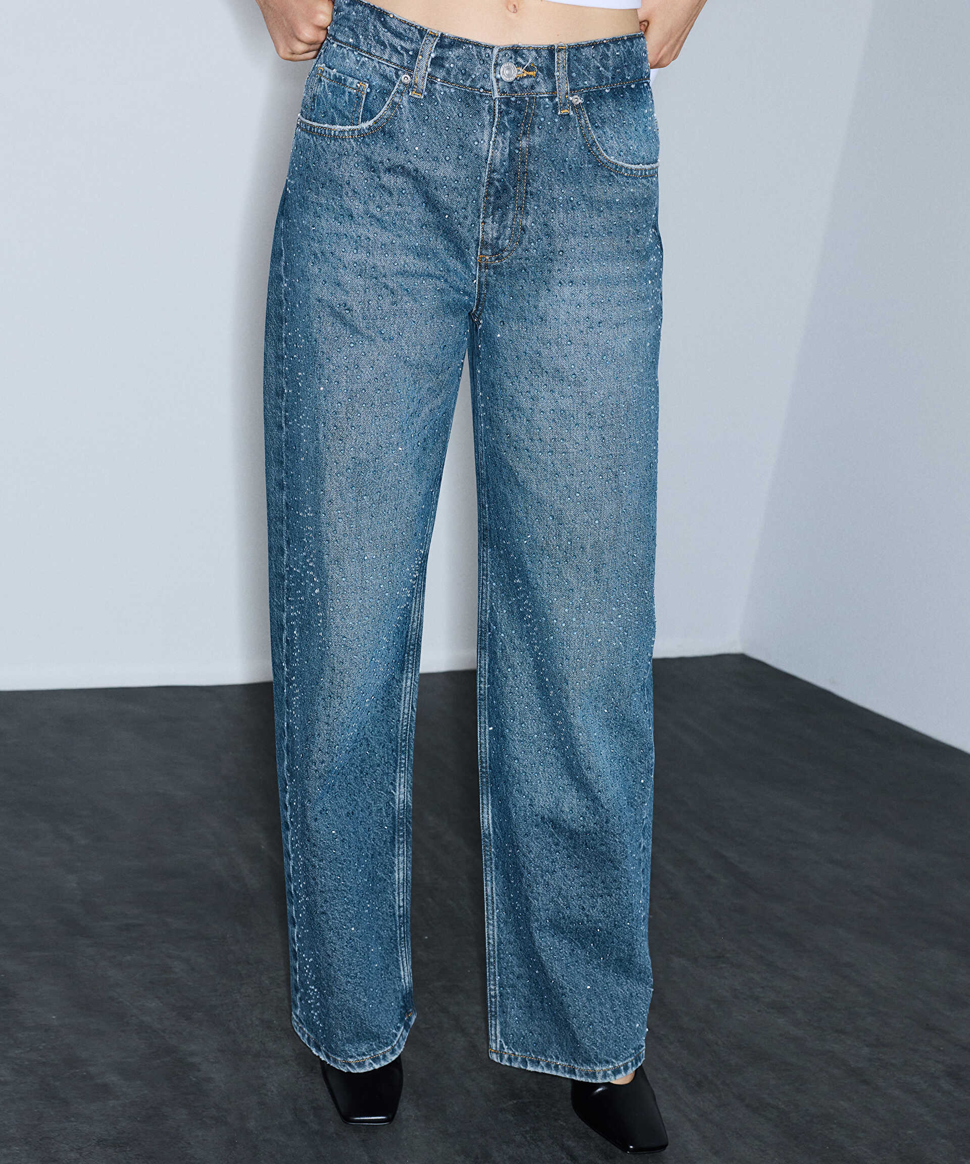 İpekyol Mavi Hotfix baskılı wide leg jean pantolon görsel 2
