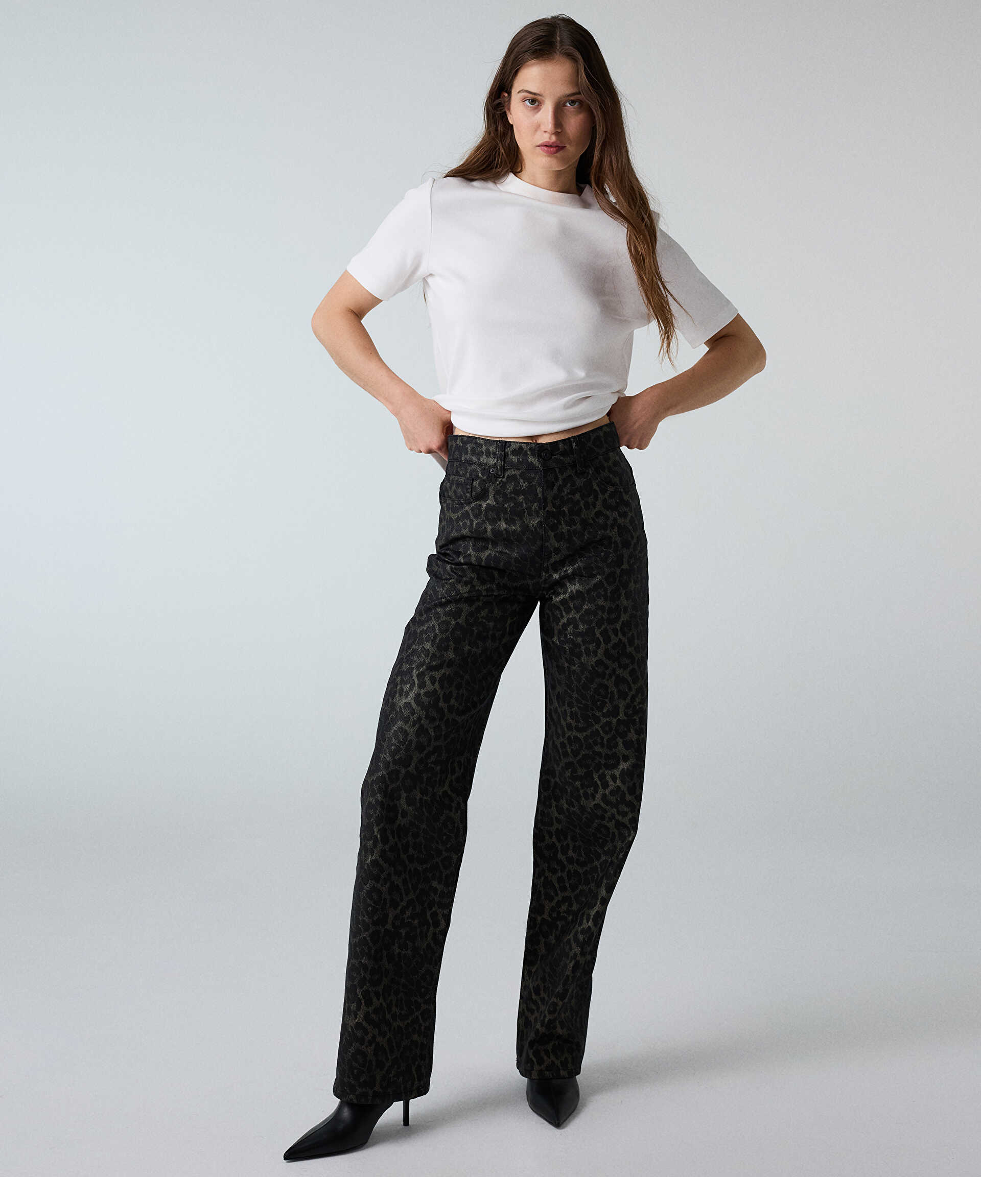 İpekyol Siyah Leopar desen wide leg jean pantolon görsel 2