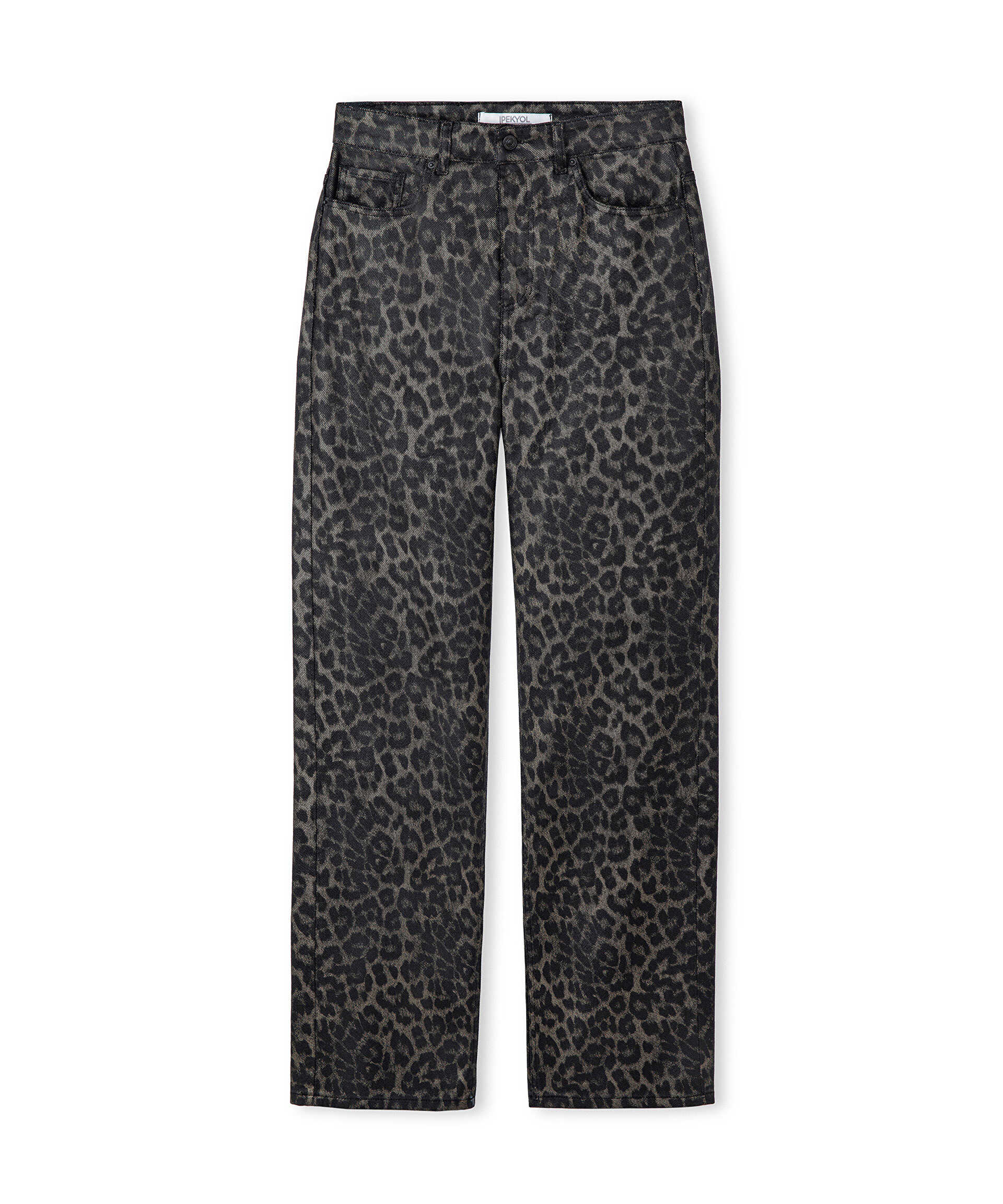 İpekyol Siyah Leopar desen wide leg jean pantolon görsel 5