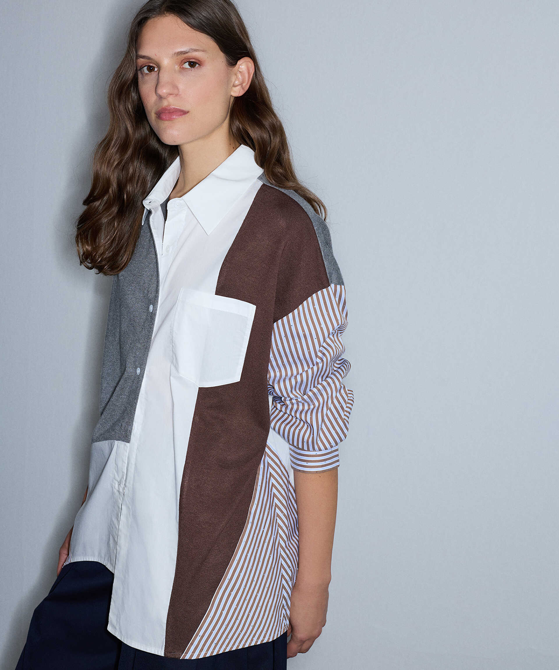 İpekyol Kahverengi Kumaş mix oversize gömlek görsel 3