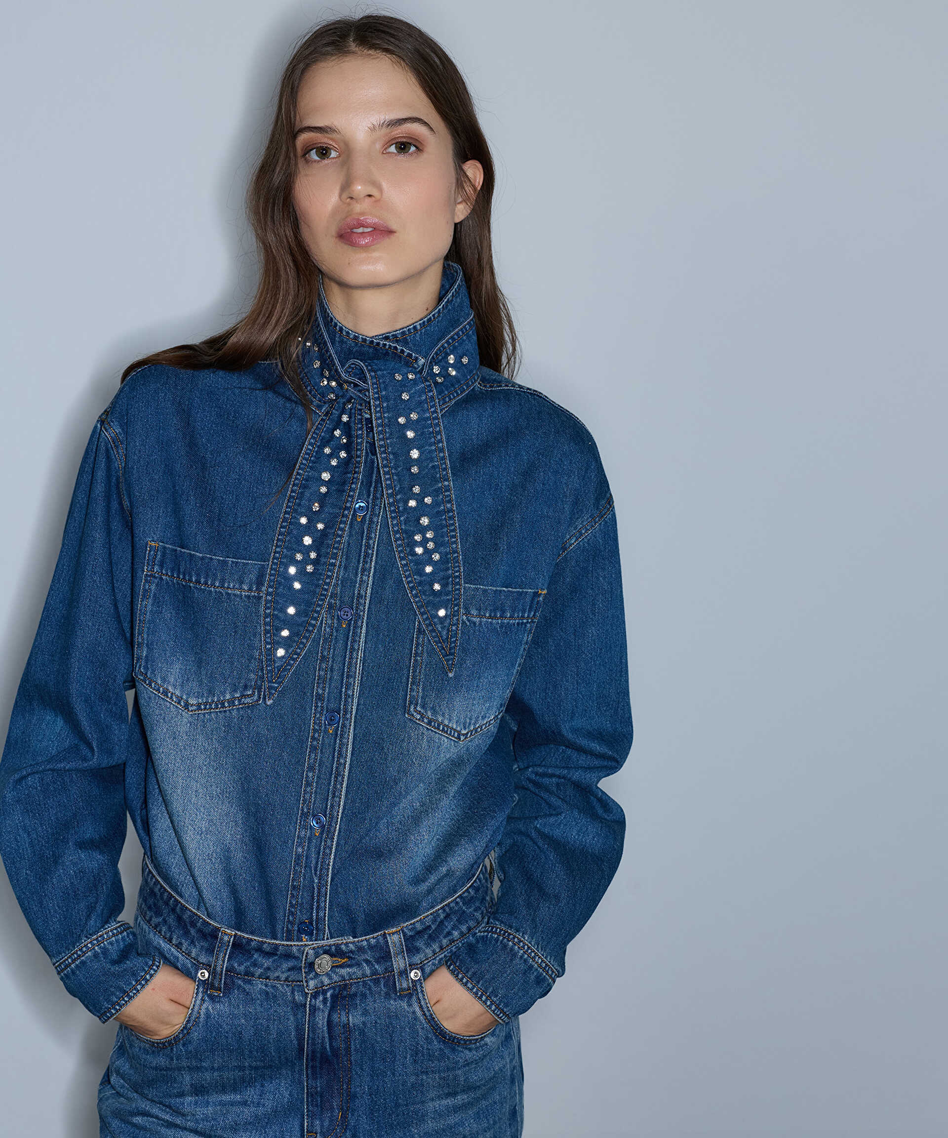 İpekyol Mavi Çıkarılabilir fularlı denim gömlek