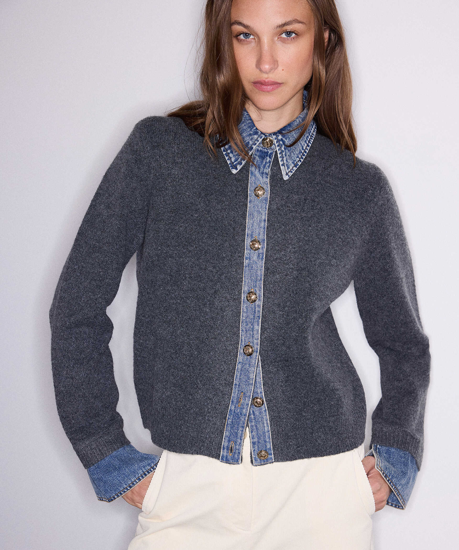 İpekyol Gri Çift parça görünüm denim mix triko