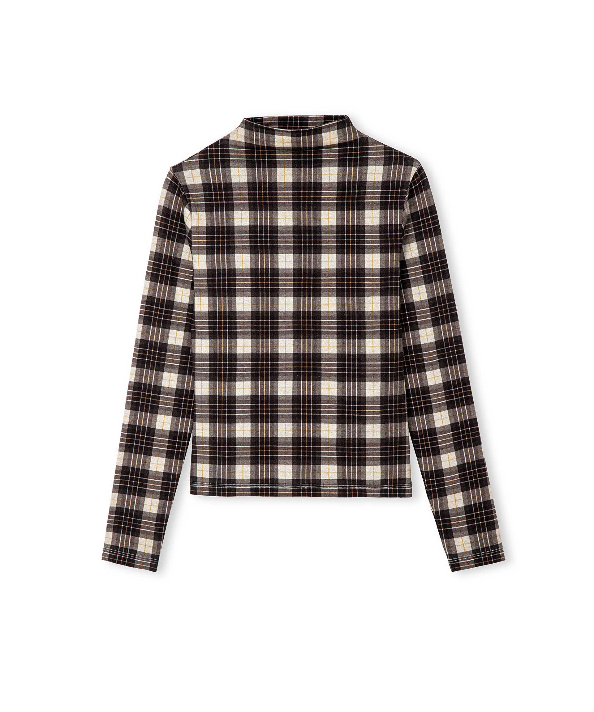 İpekyol Kahverengi Ekose desen yüksek yaka tişört görsel 5