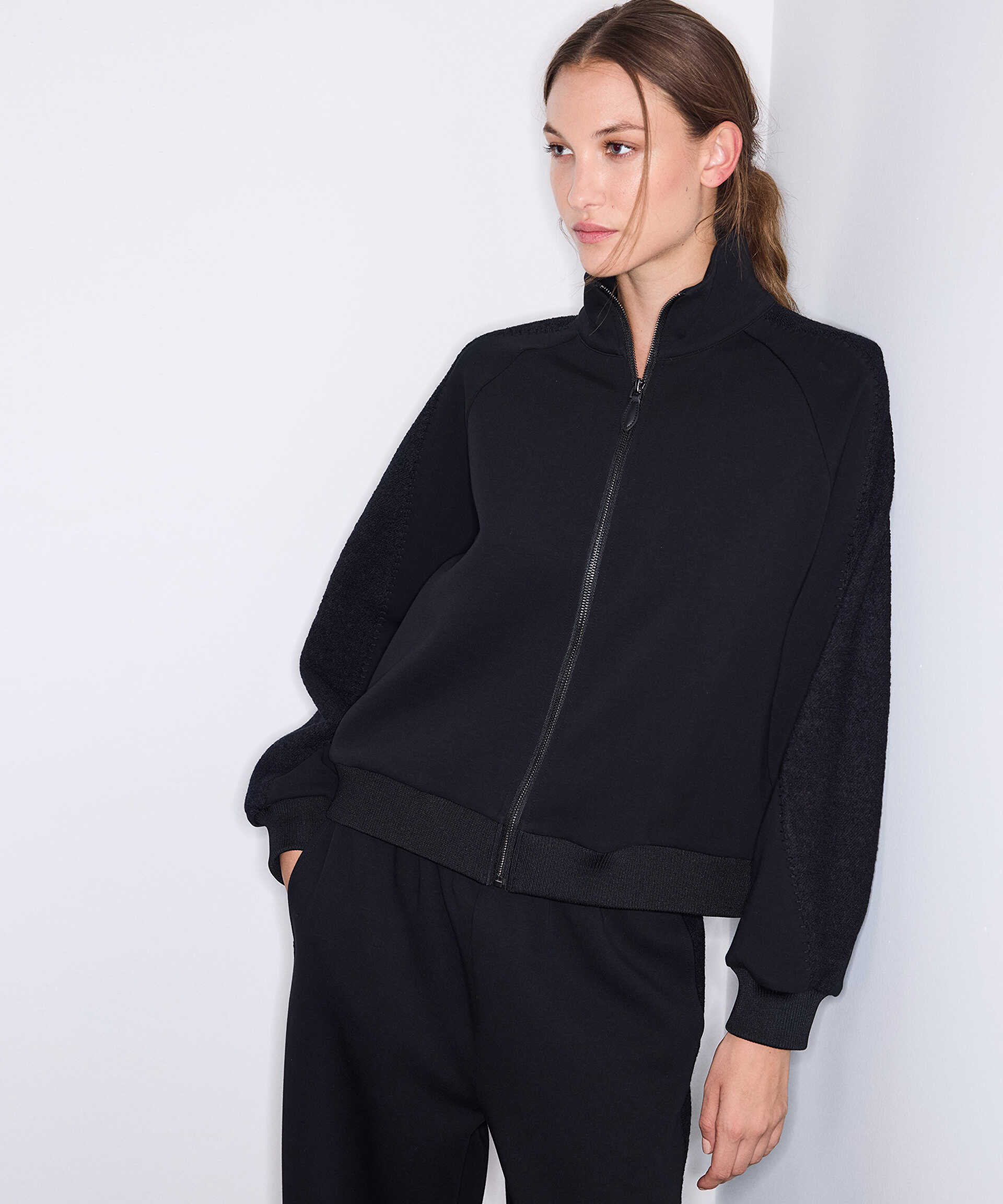 İpekyol Siyah Kumaş mix dik yaka sweatshirt