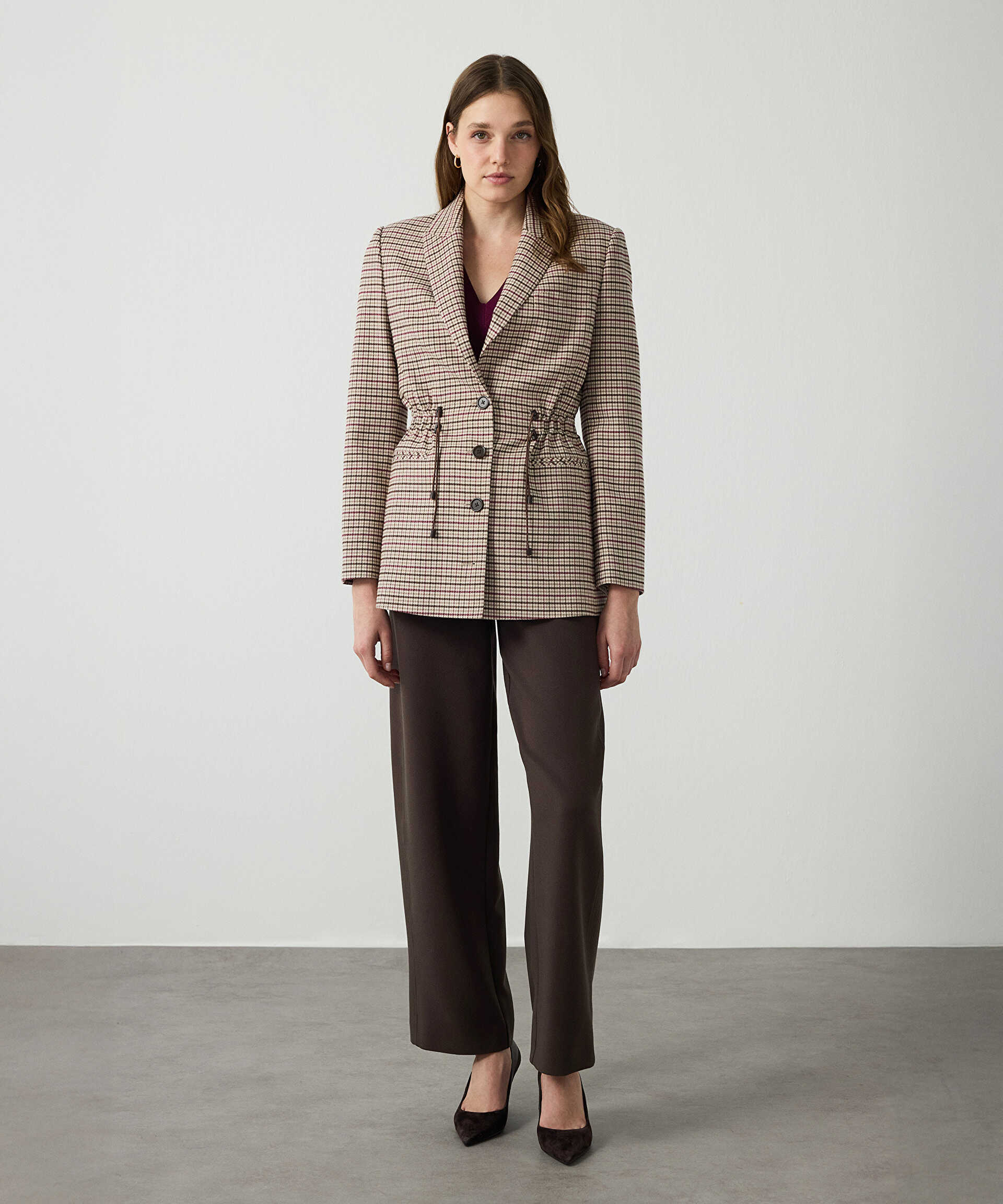 Miss İpekyol Bej Ekose desen ayarlanabilir bel blazer görsel 3