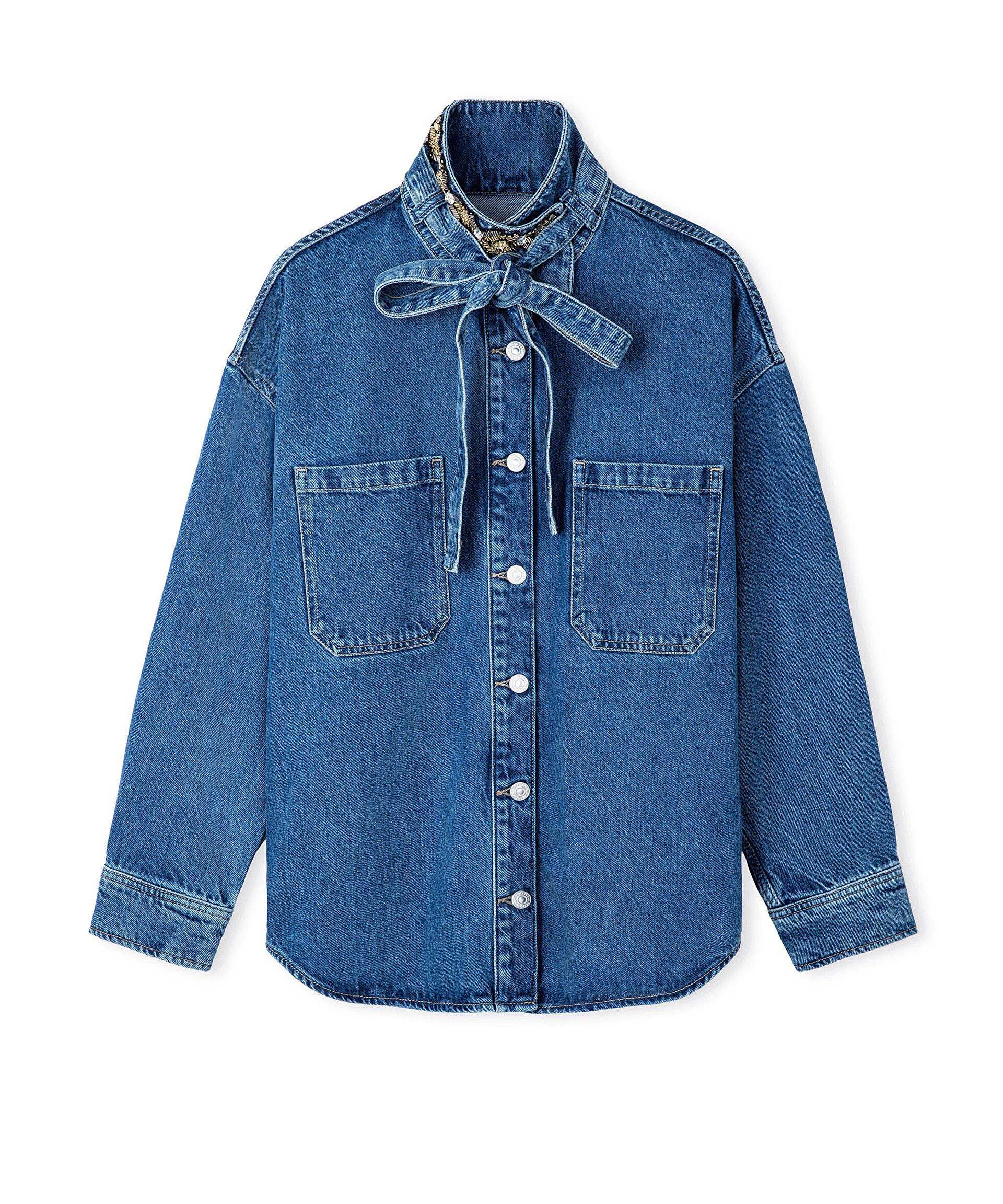 İpekyol Mavi Yakası bağlamalı denim gömlek ceket görsel 5