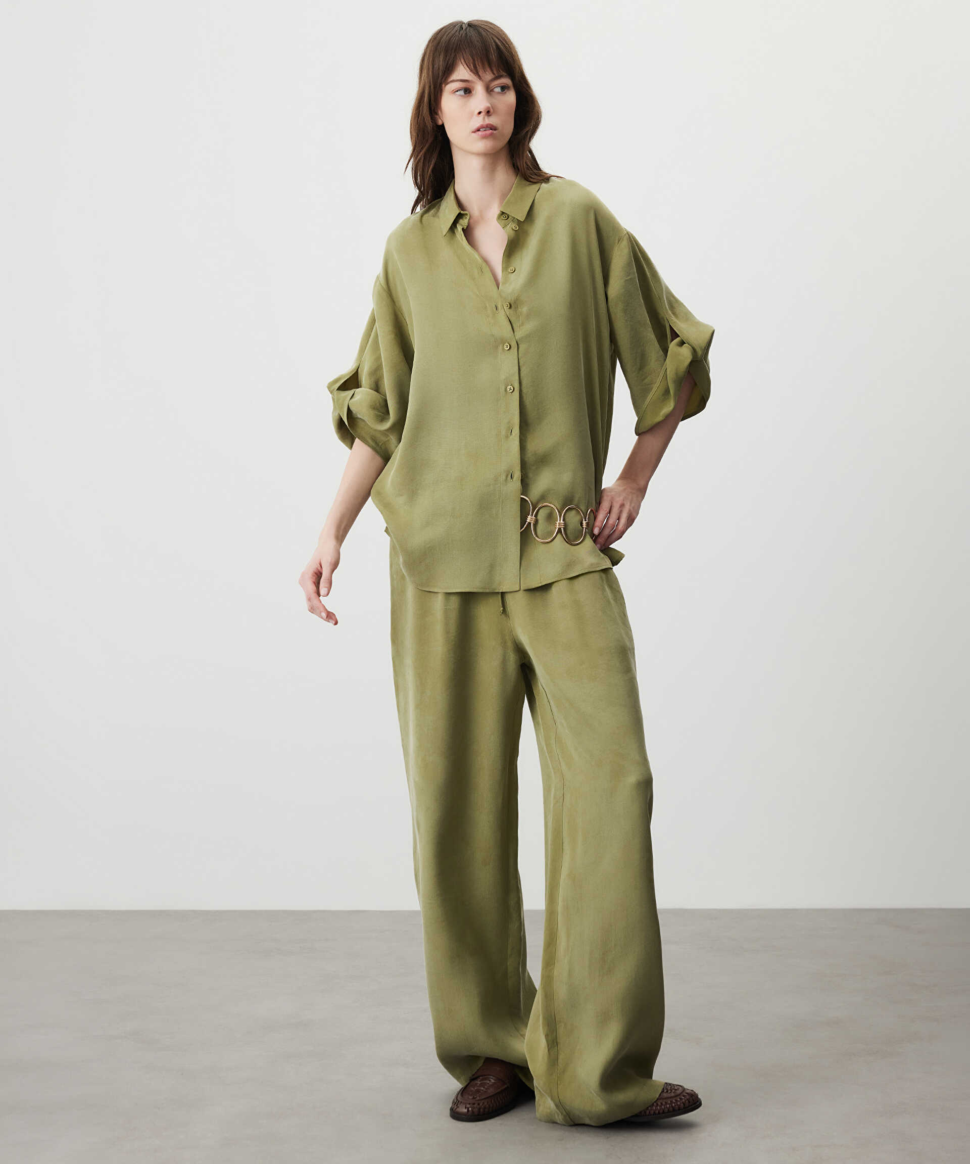 Miss İpekyol Yeşil Elastik bel wide leg pantolon