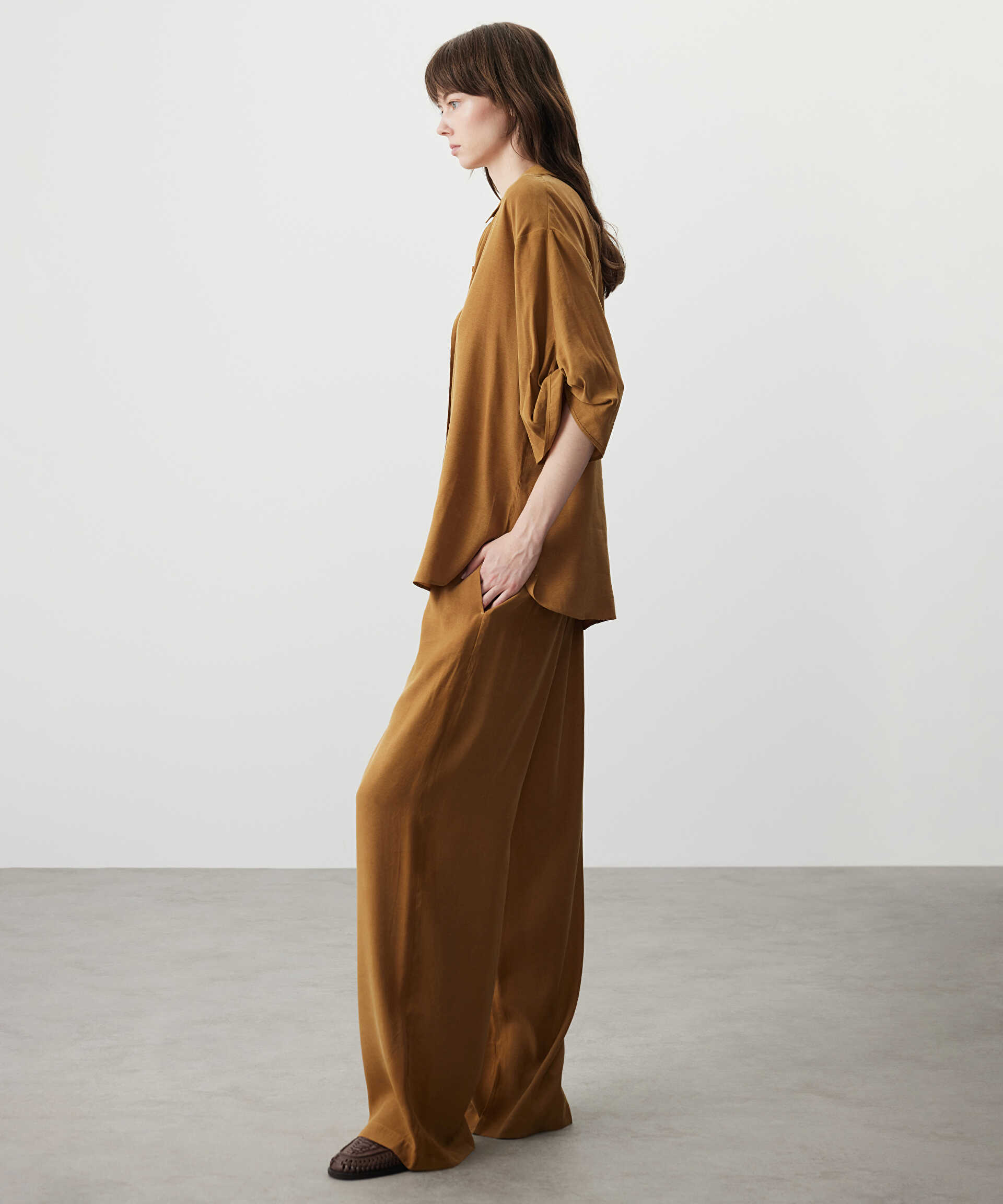 Miss İpekyol Kahverengi Elastik bel wide leg fit pantolon görsel 3