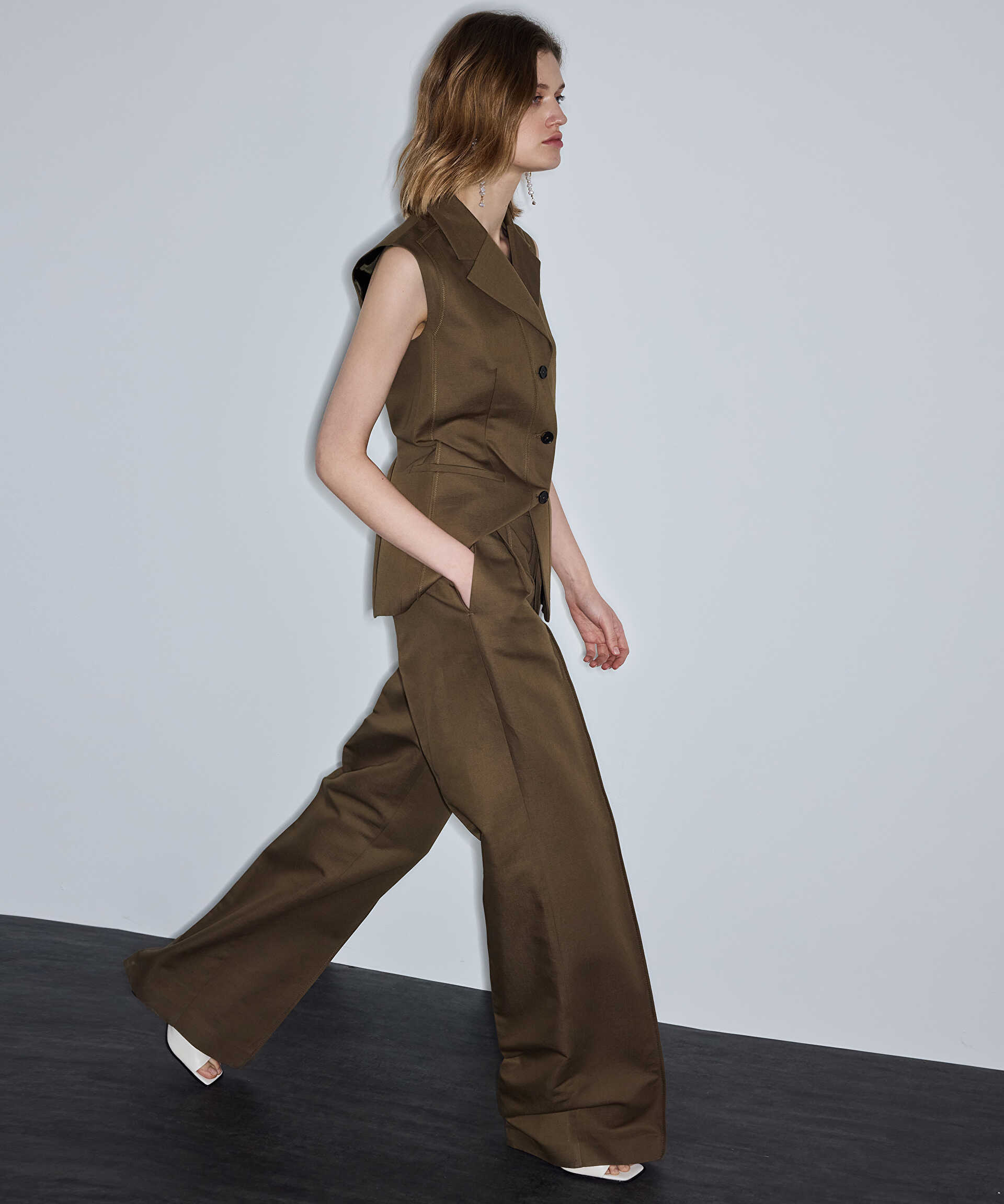 İpekyol Haki İnce kuşaklı wide leg pantolon görsel 4