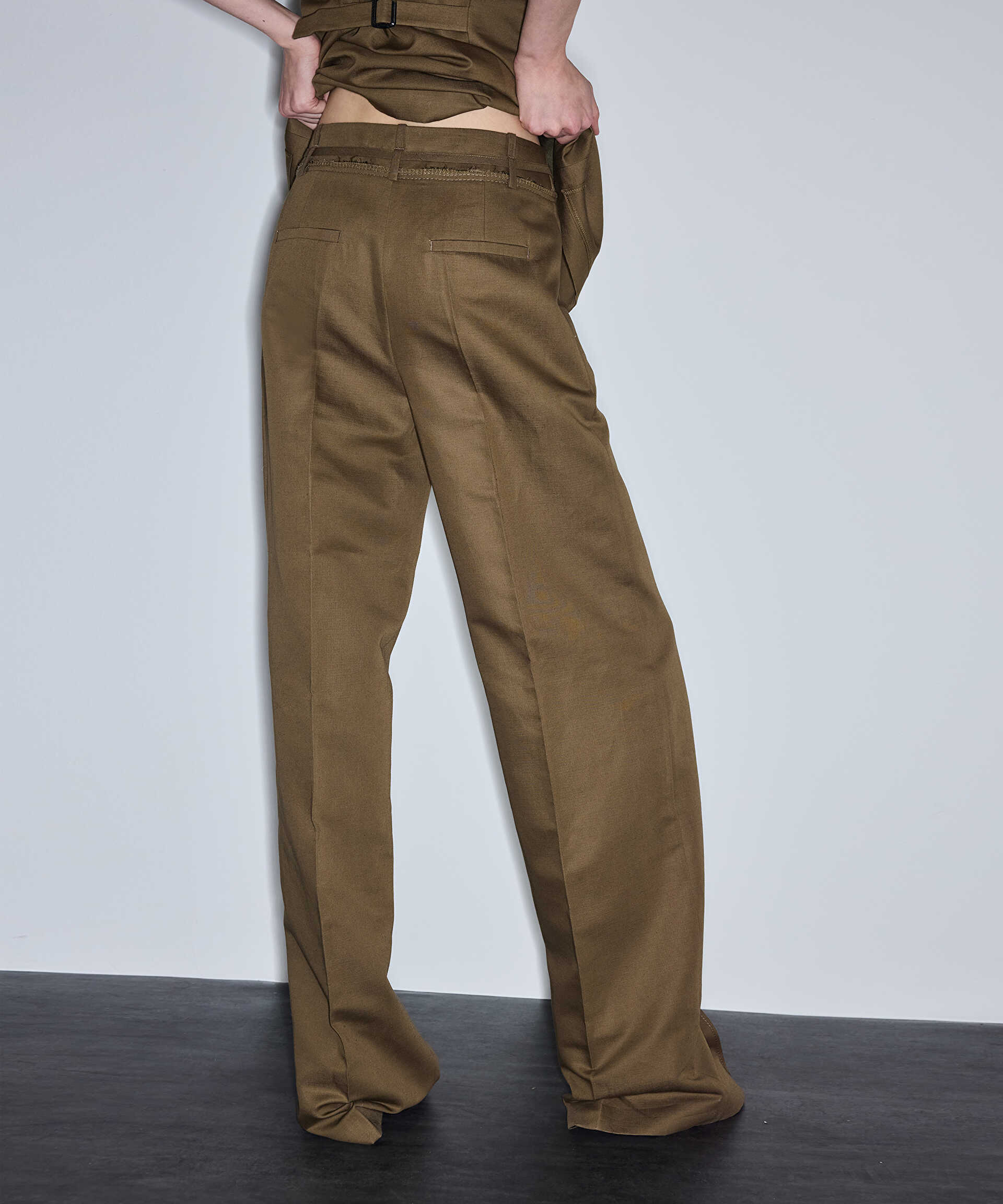 İpekyol Haki İnce kuşaklı wide leg pantolon görsel 5