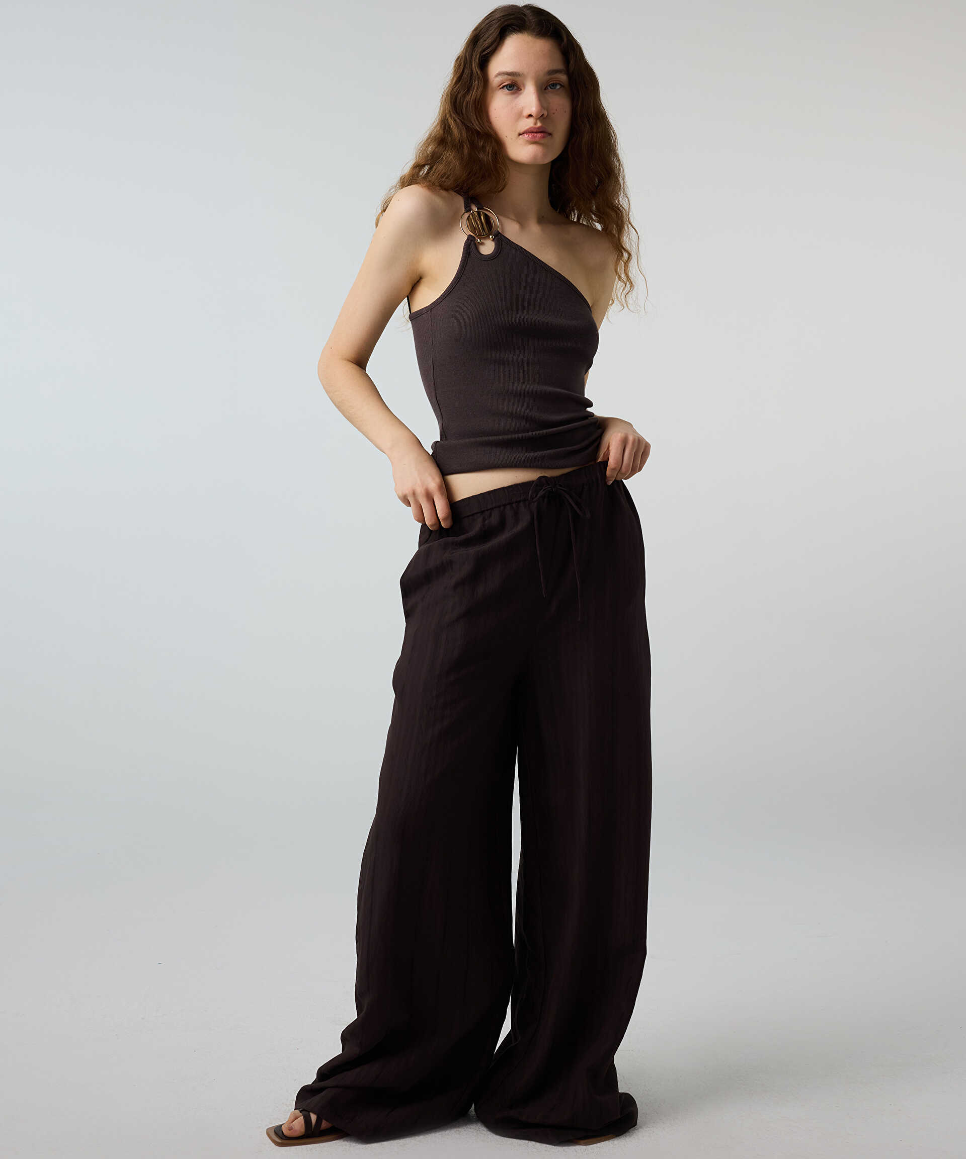 İpekyol Kahverengi Çizgili wide leg pantolon