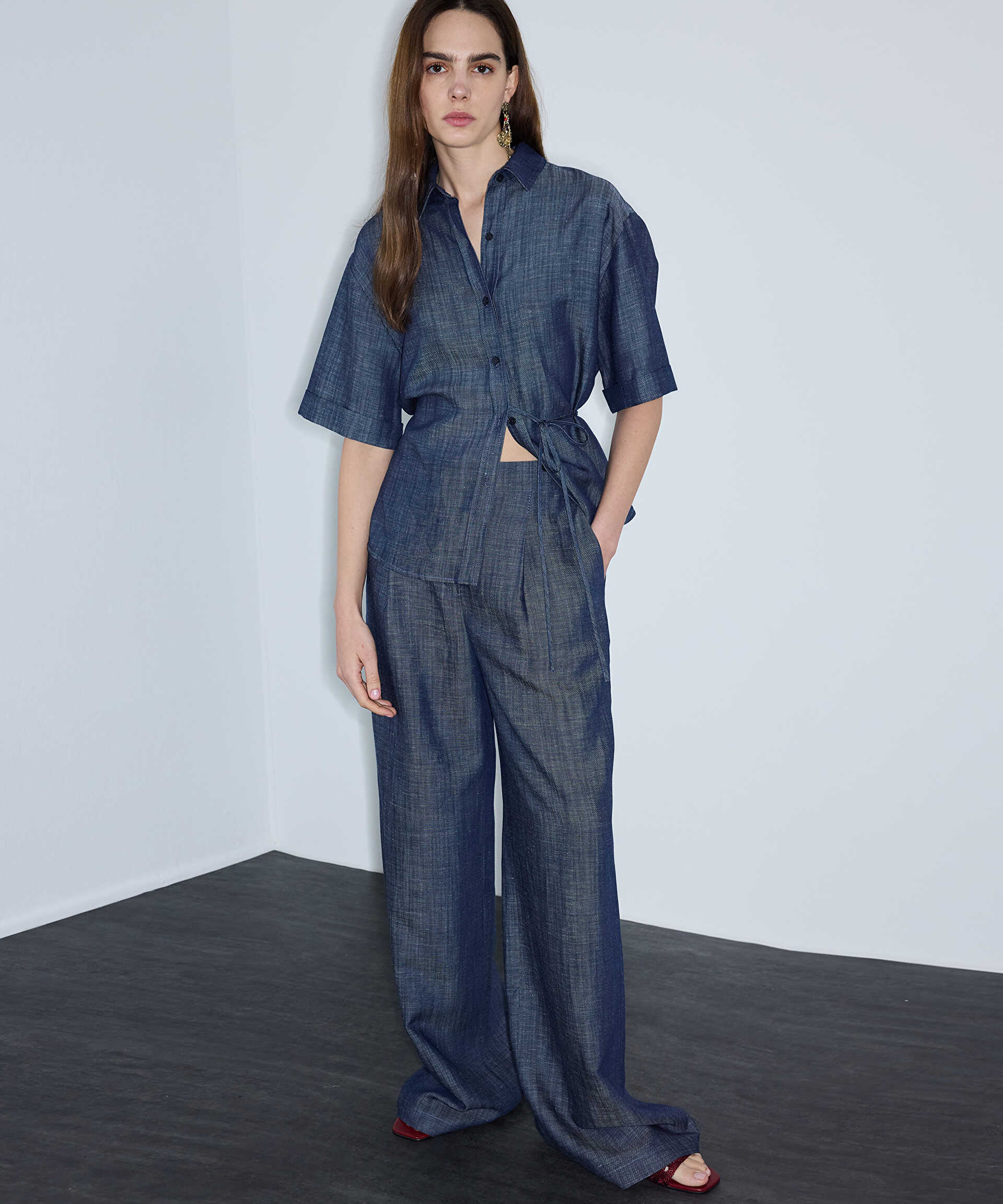 İpekyol Lacivert Denim görünümlü wide leg pantolon