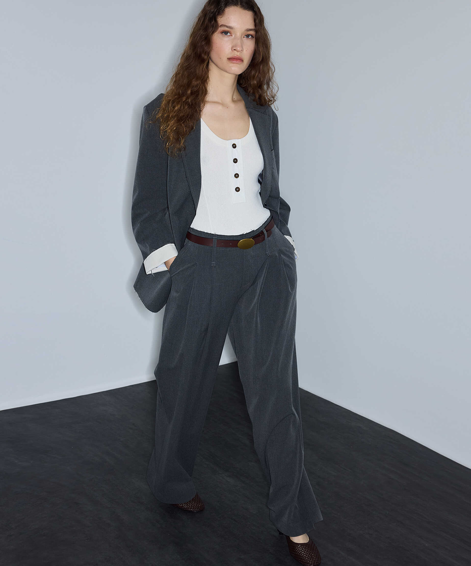 İpekyol Gri Raw edge wide leg pantolon