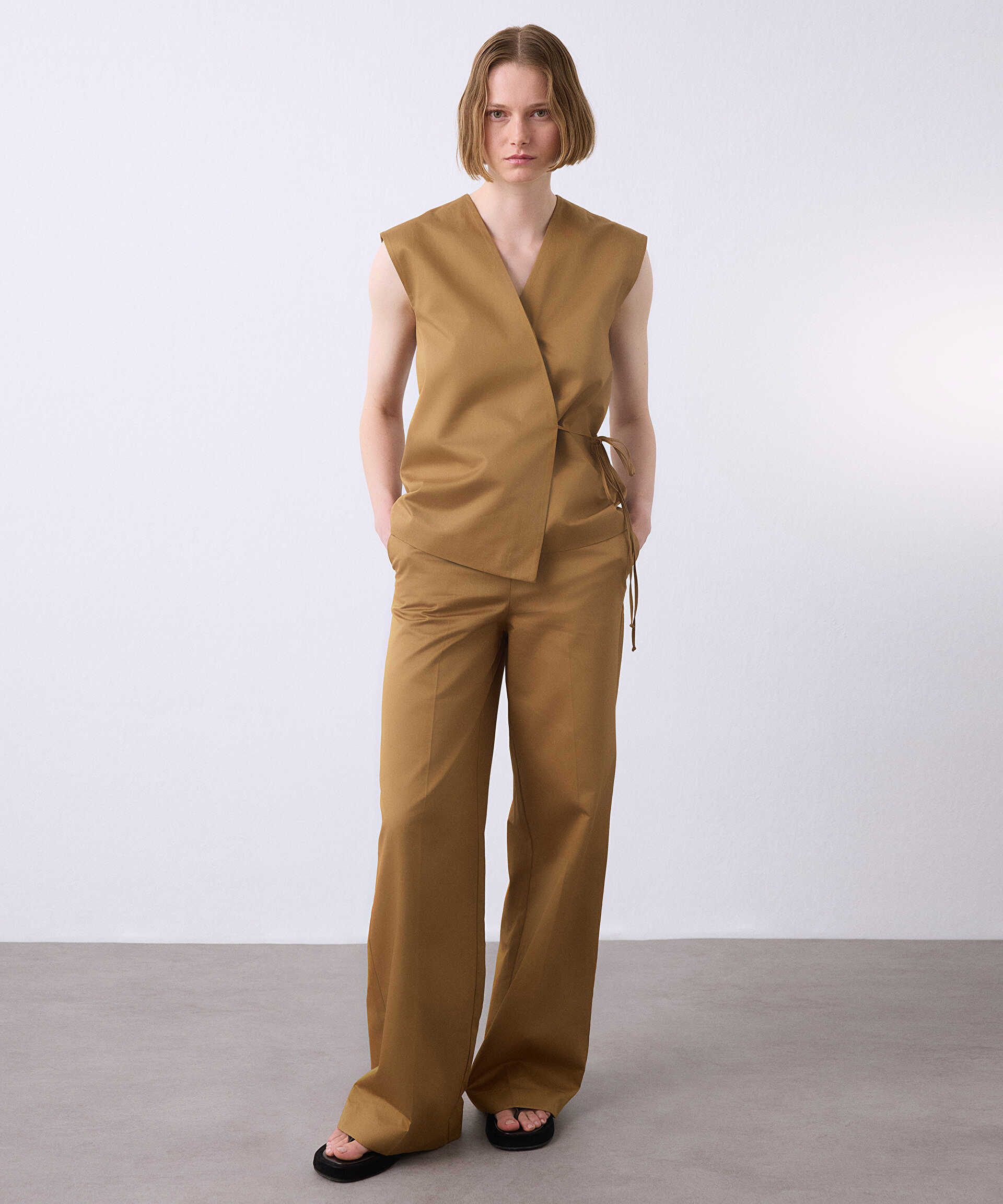 Miss İpekyol Kahverengi Elastik bel wide leg pantolon