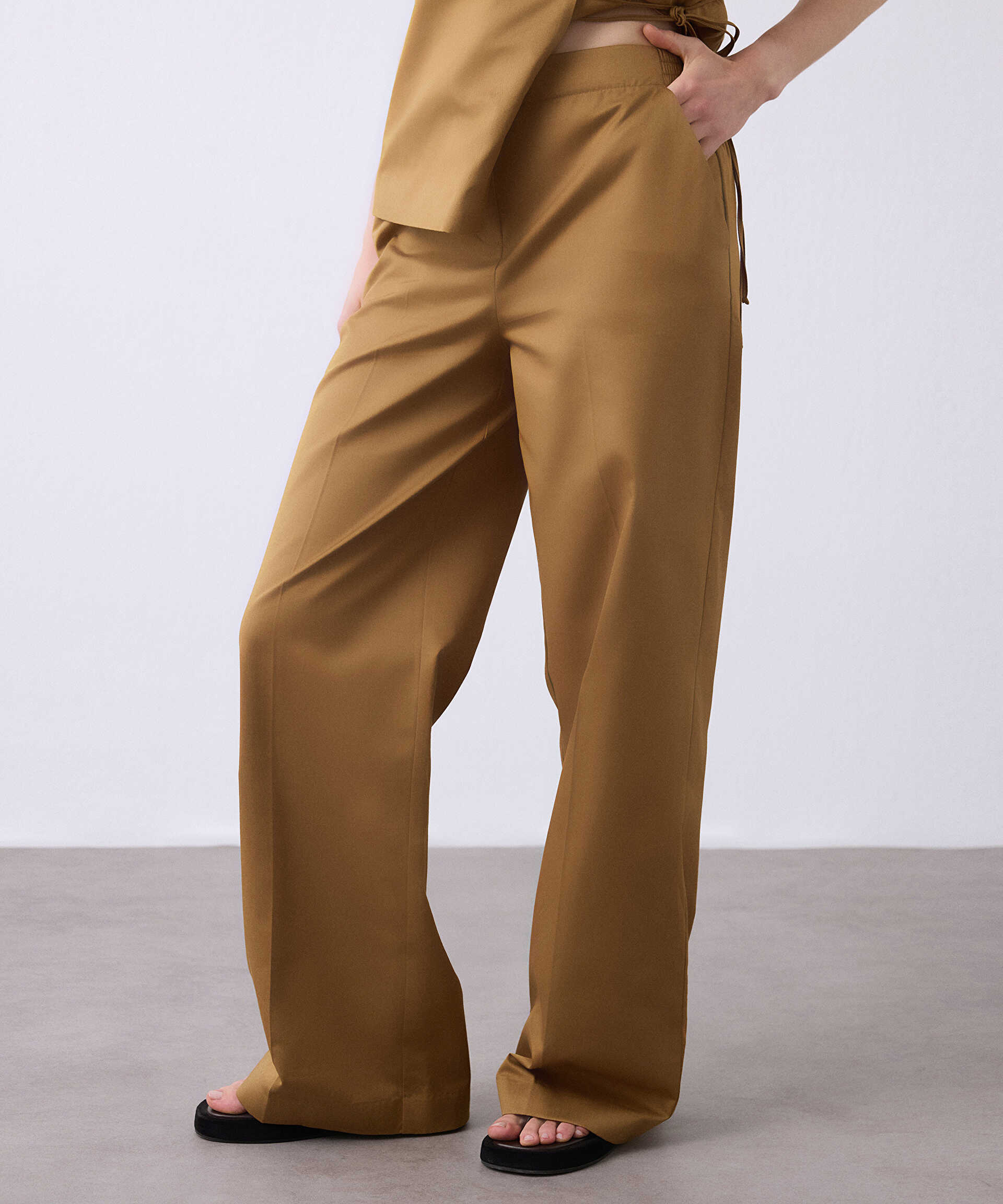 Miss İpekyol Kahverengi Elastik bel wide leg pantolon görsel 2