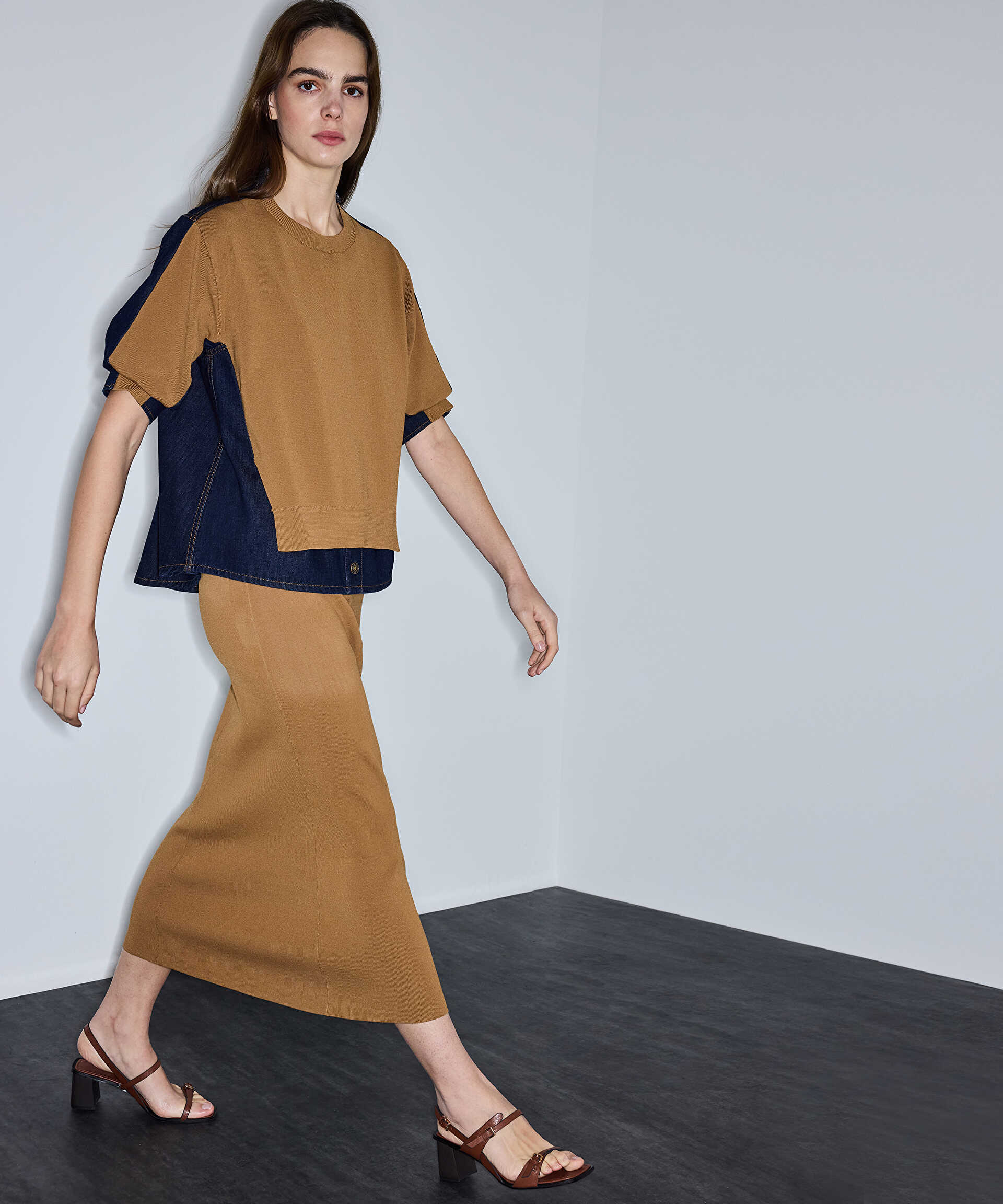 İpekyol Kahverengi Denim mix colorblock etek