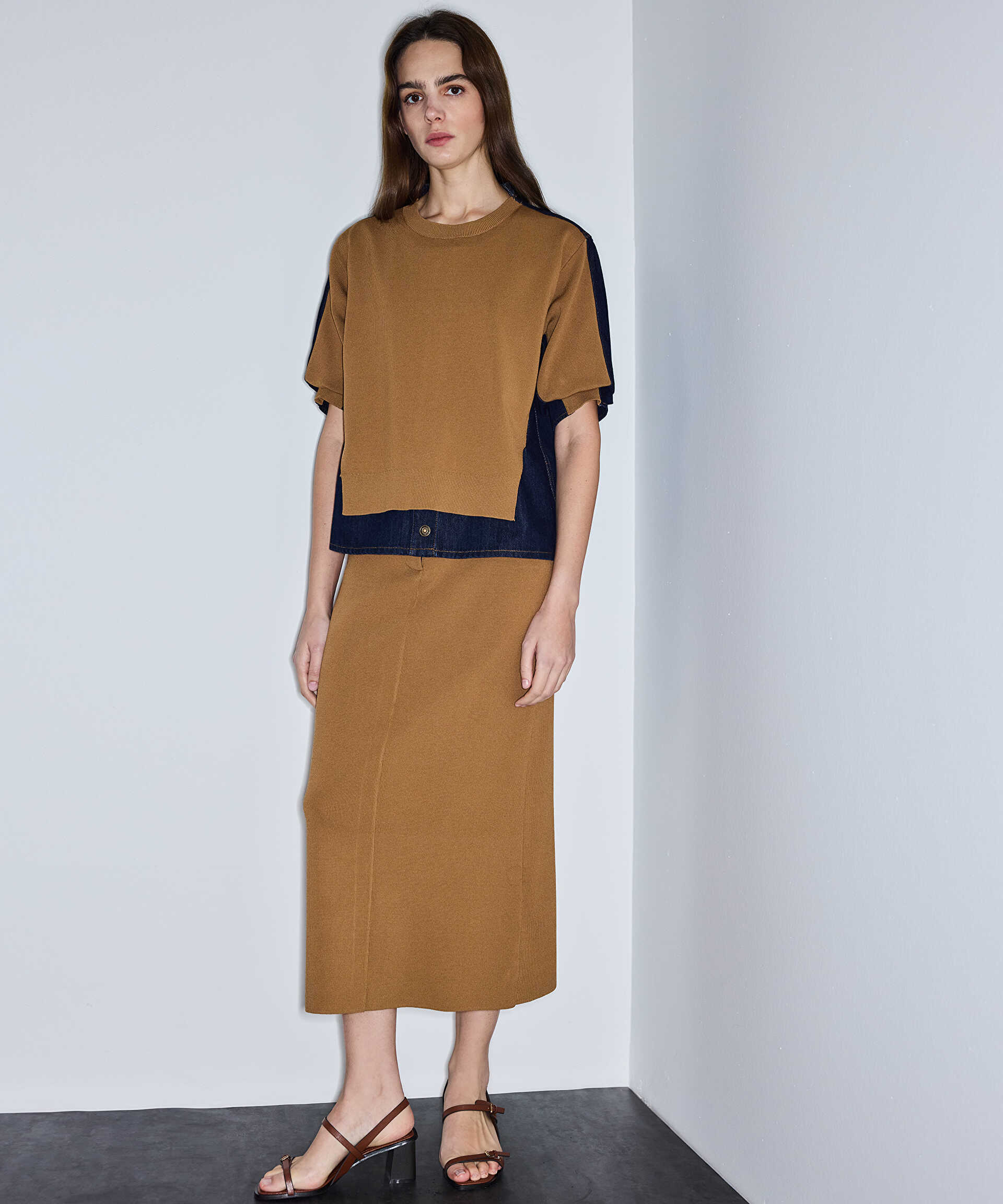 İpekyol Kahverengi Denim mix colorblock etek görsel 2