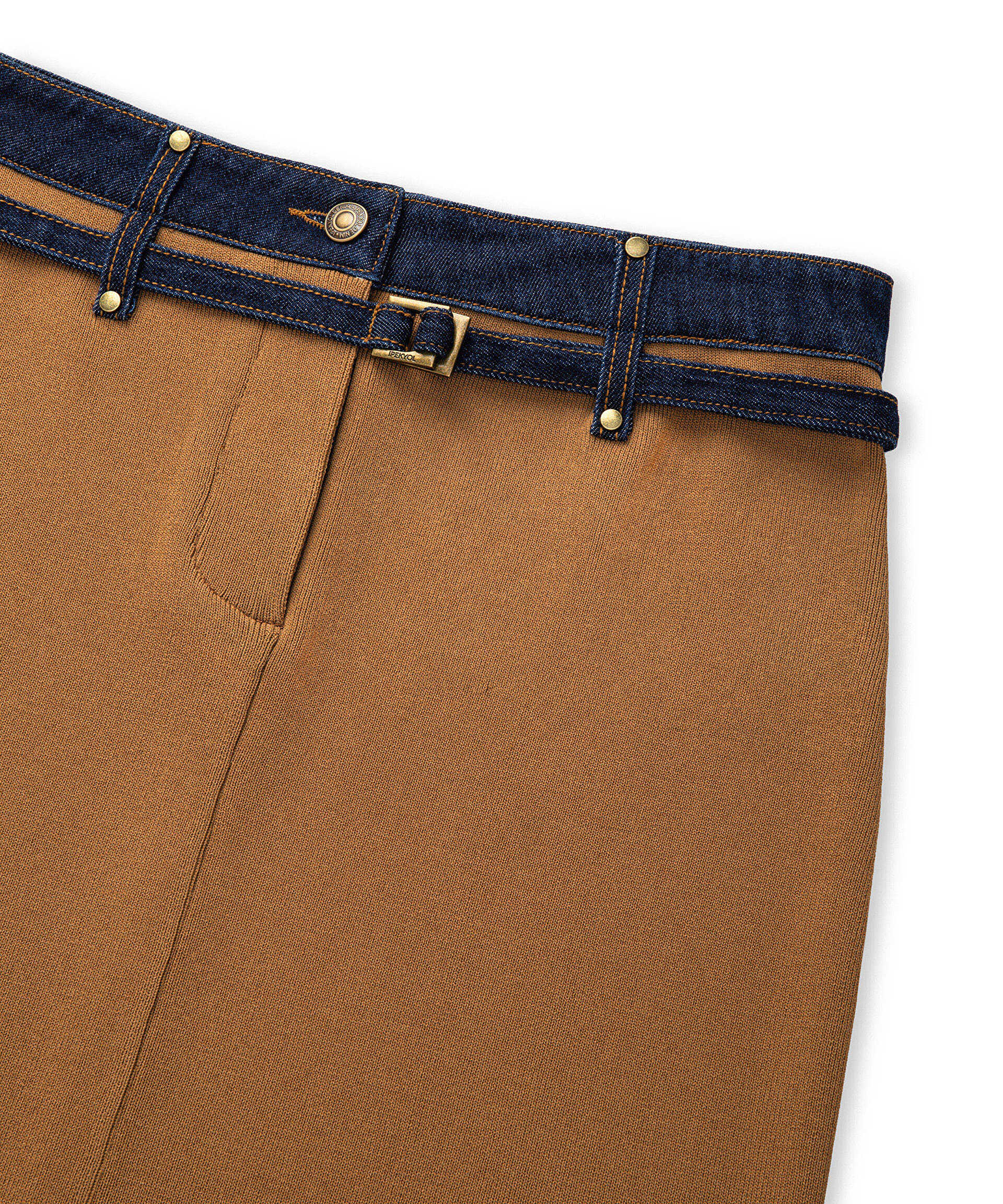 İpekyol Kahverengi Denim mix colorblock etek görsel 6