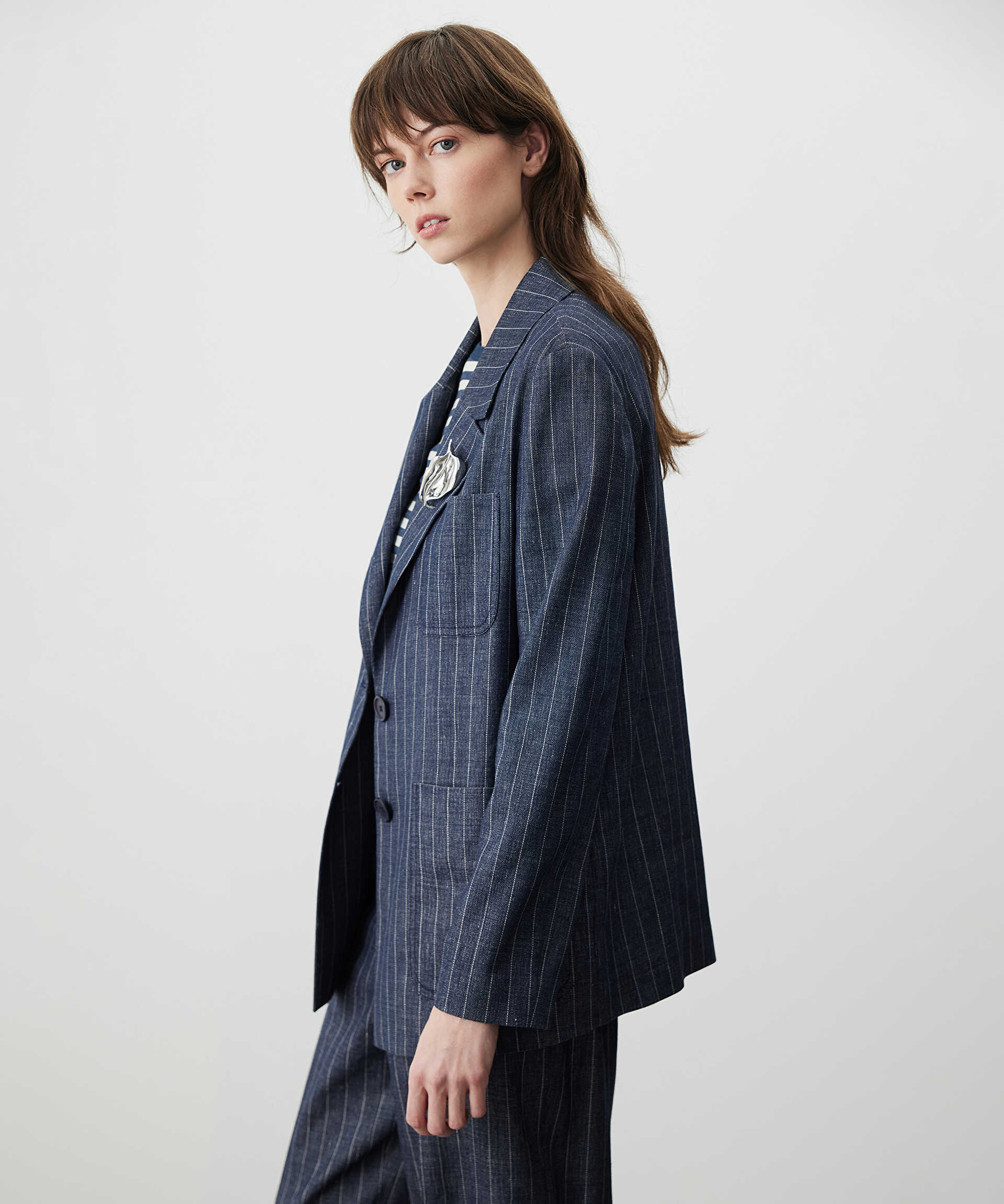 Miss İpekyol Lacivert Çizgili vatkalı blazer görsel 5