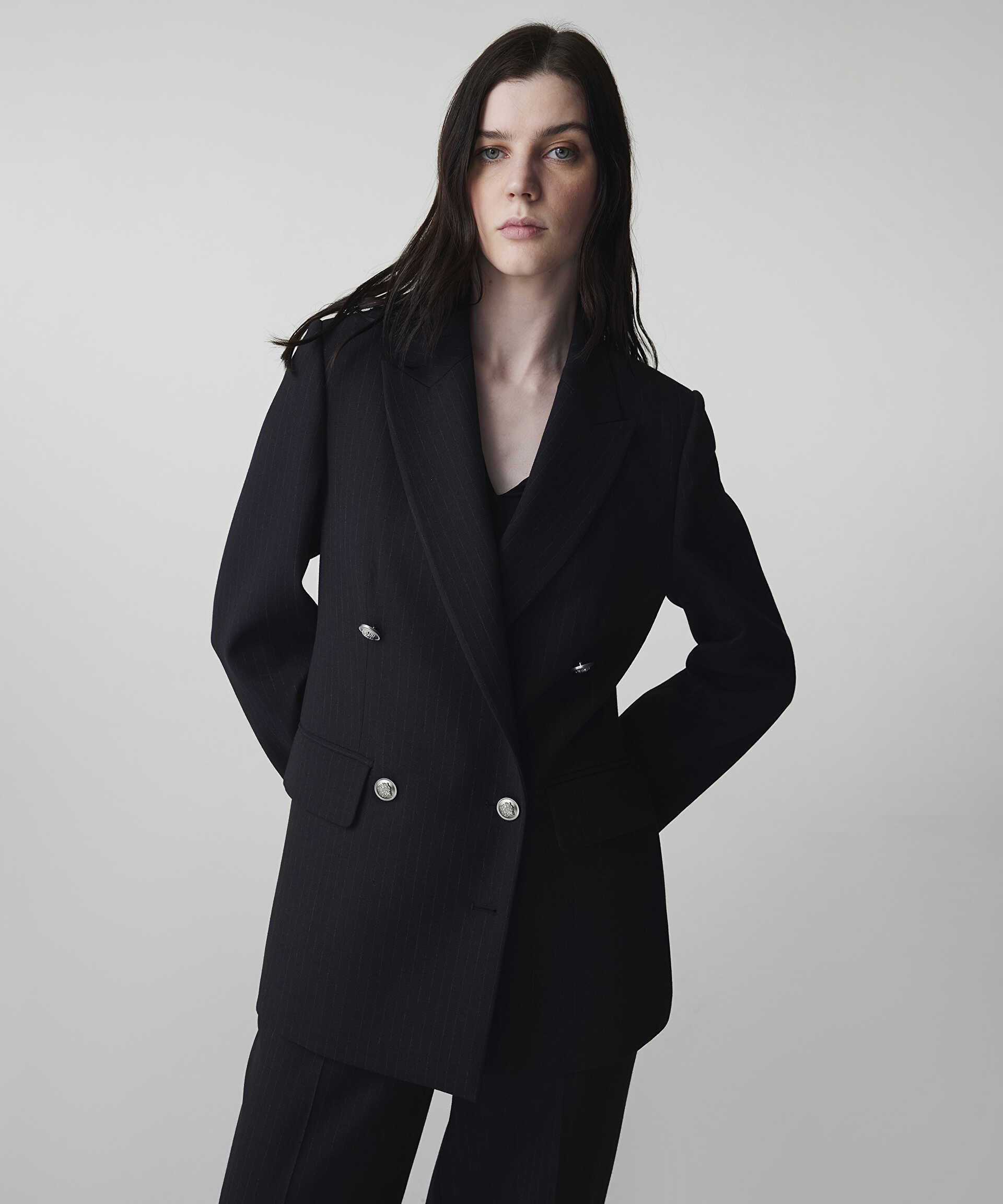 İpekyol Lacivert Çizgi desen metal düğmeli blazer